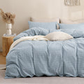 Blue Gingham Duvet Cover Set Twin - Washed Cotton Linen Feel