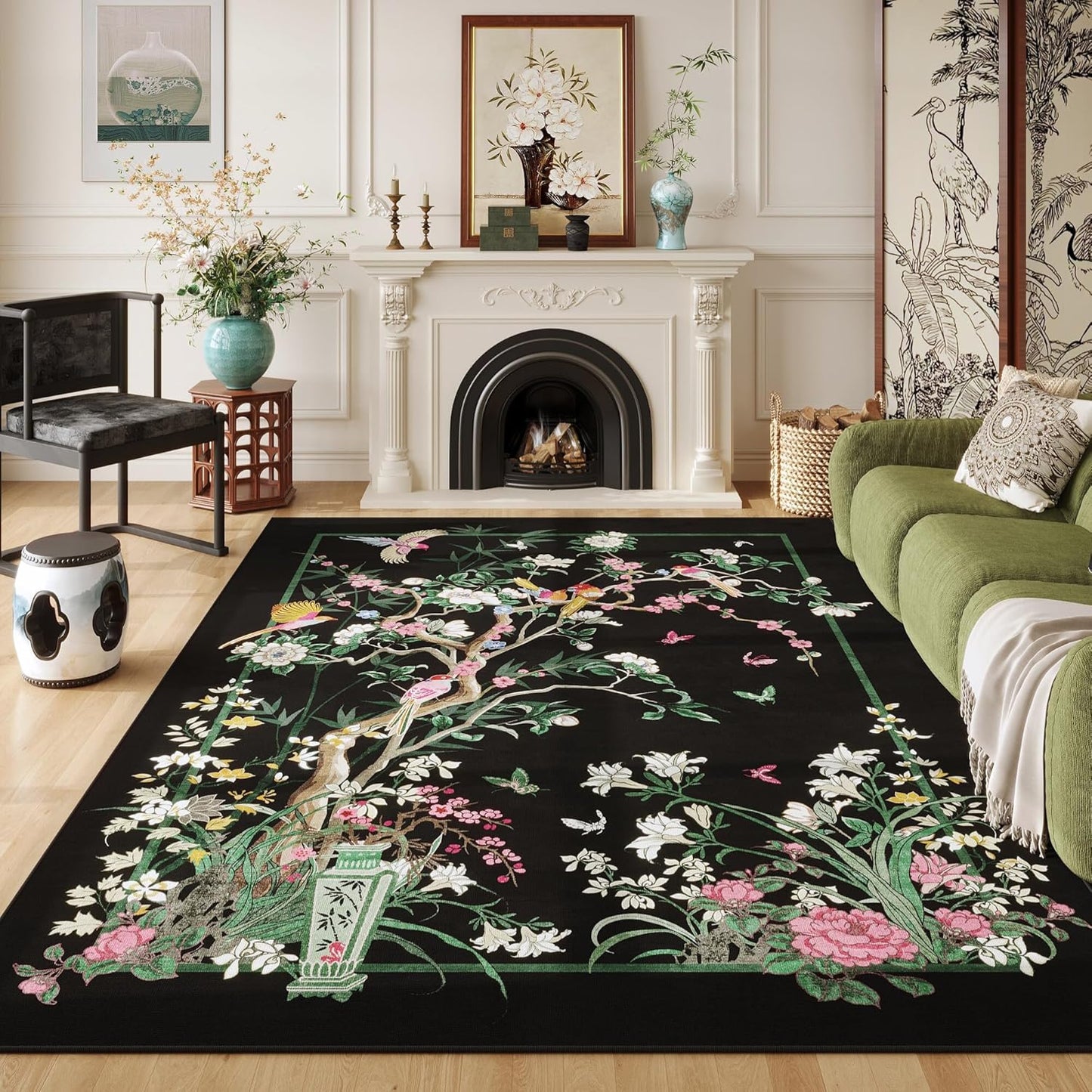 Chinoiserie-Style Floral Vintage Area Rug 8x10 for Home Decor