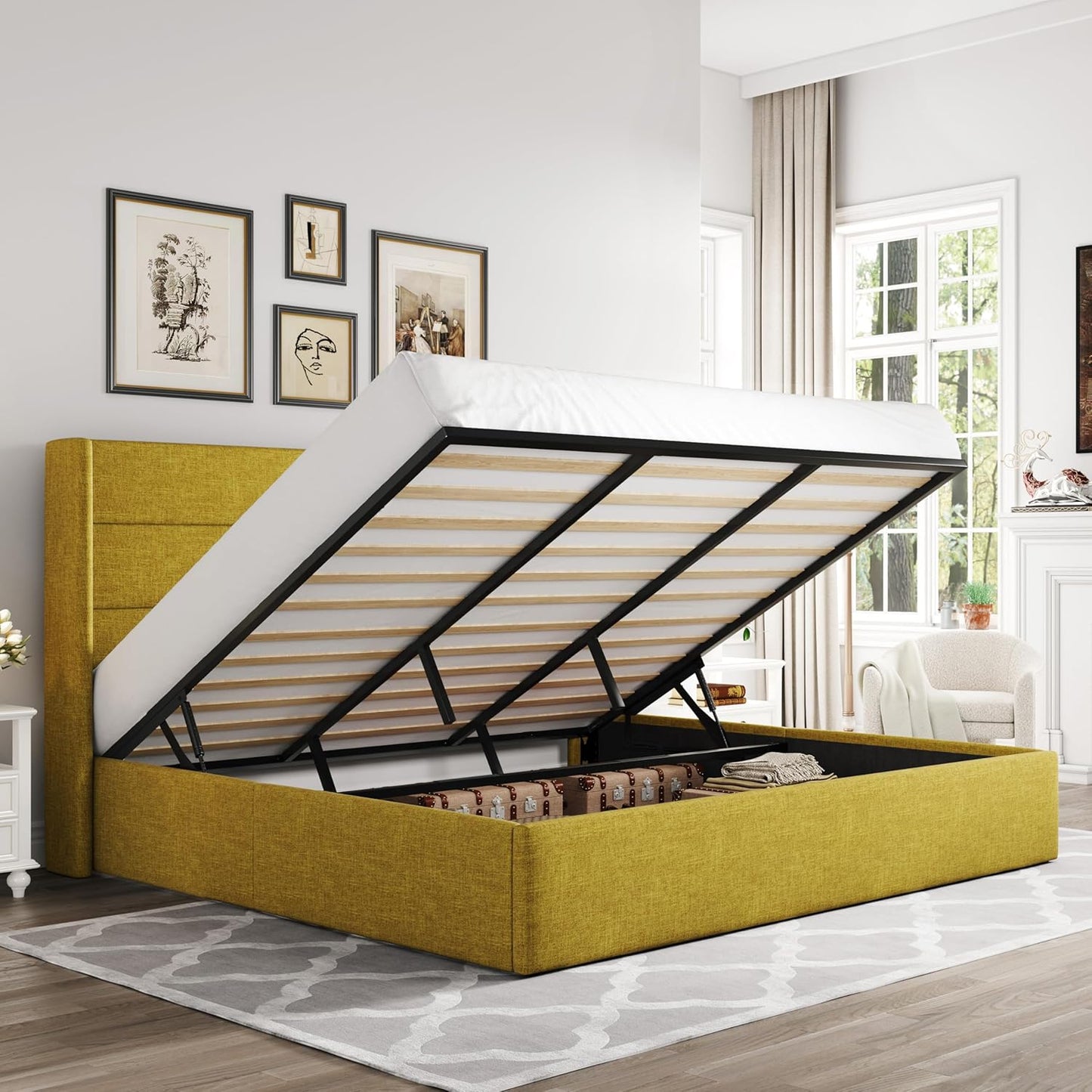Allewie King Size Lift Up Storage Bed with Elegant Headboard