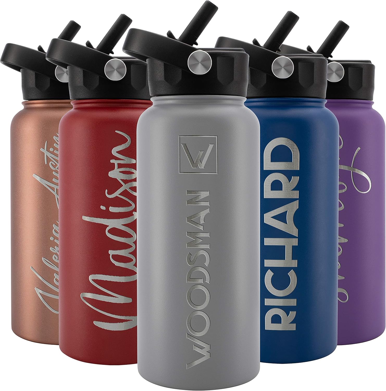 Personalized Water Bottle with Straw & Lid - 32 oz Gray