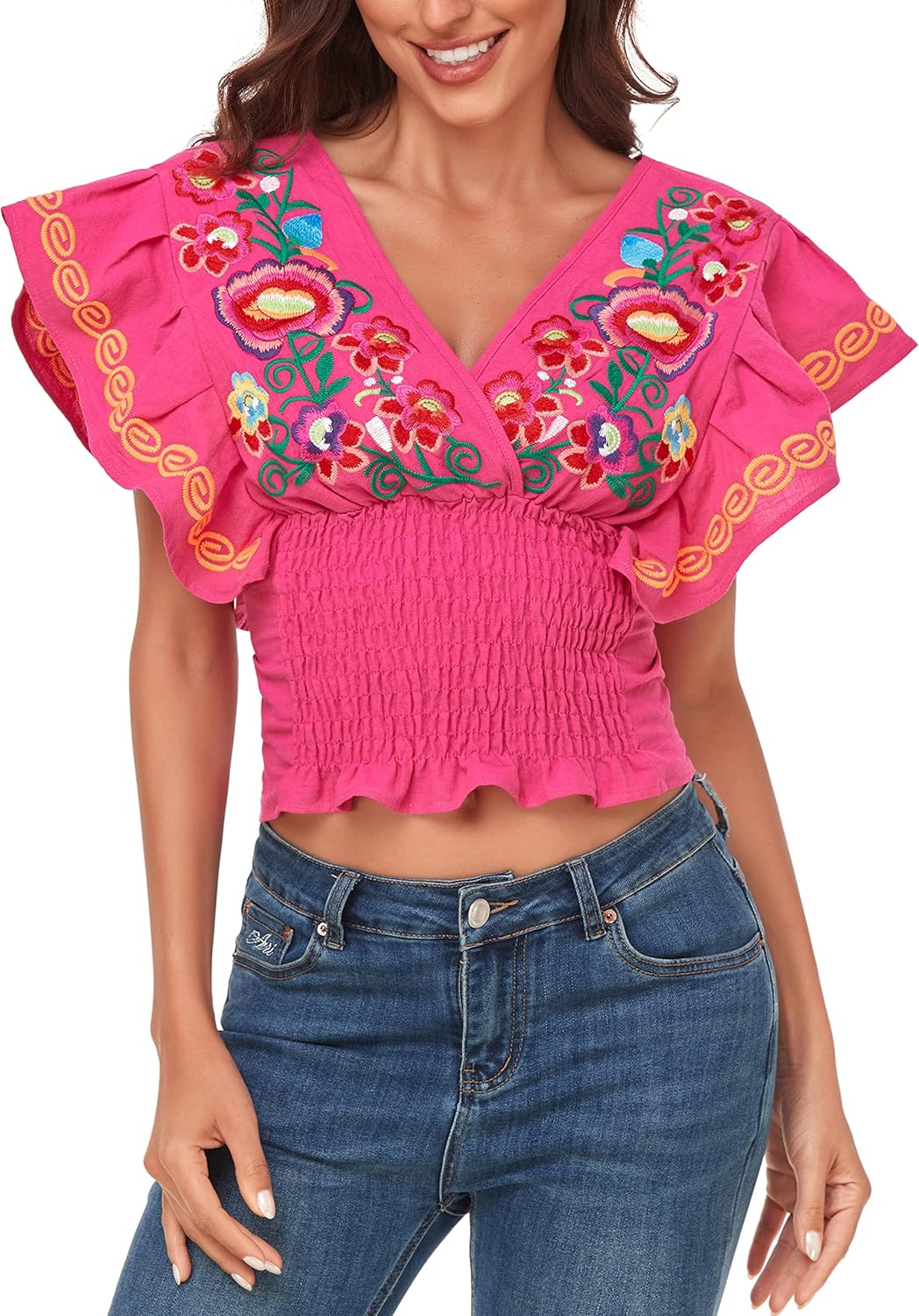 YZXDORWJ Women Mexican Embroidered Off-Shoulder Shirt Top
