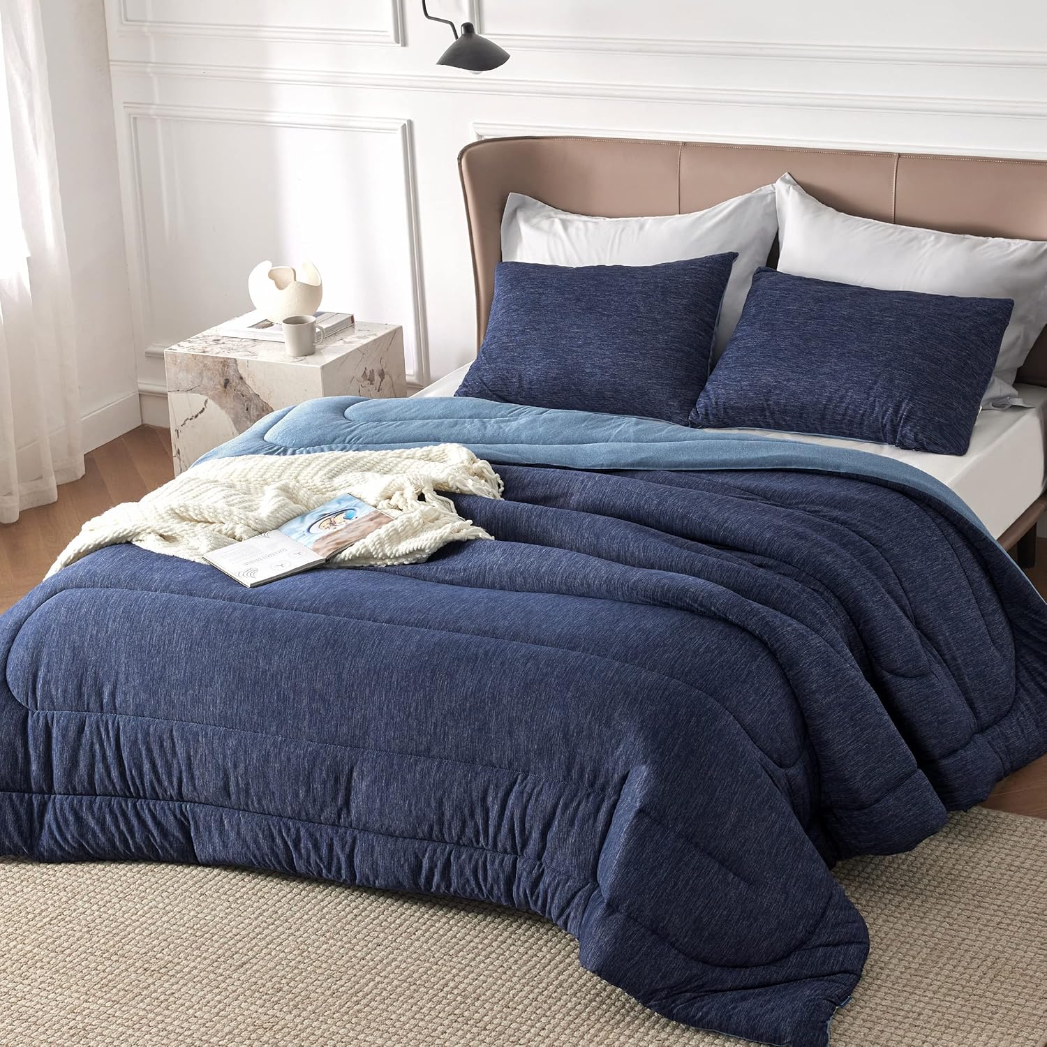 Bedsure Queen Comforter Set - Reversible Navy Blue Bedding