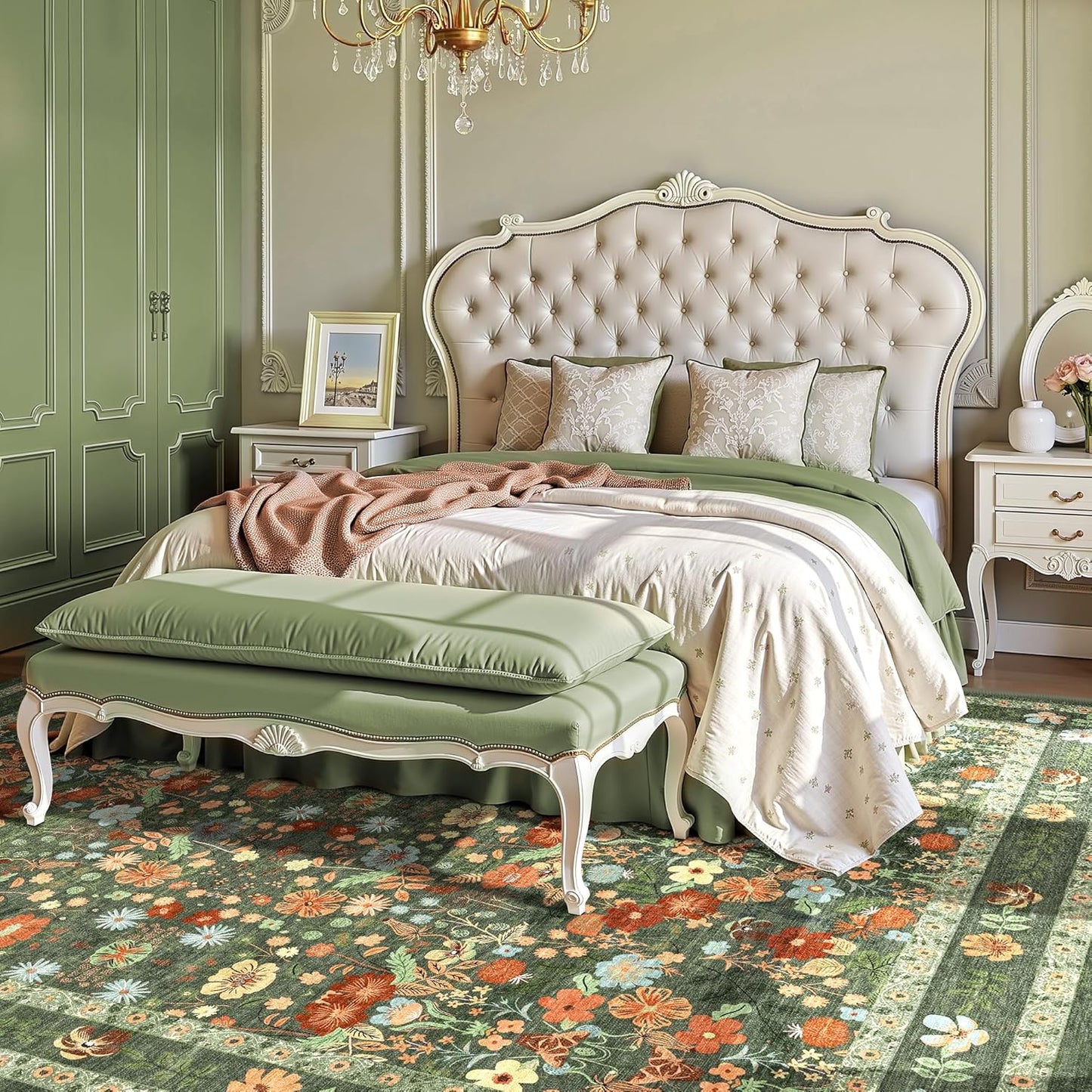 Deerly Green Washable Floral Rugs for Vintage Boho Decor