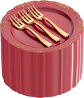 Burgundy Gold Plastic Dessert Plates and Forks Set for Parties