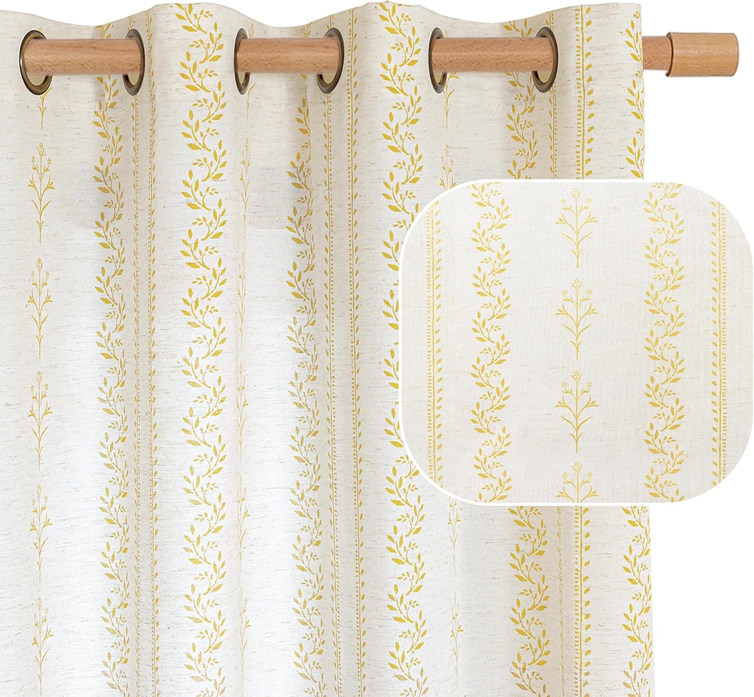 Mustard Yellow Vintage Floral Linen Curtains for Boho Decor