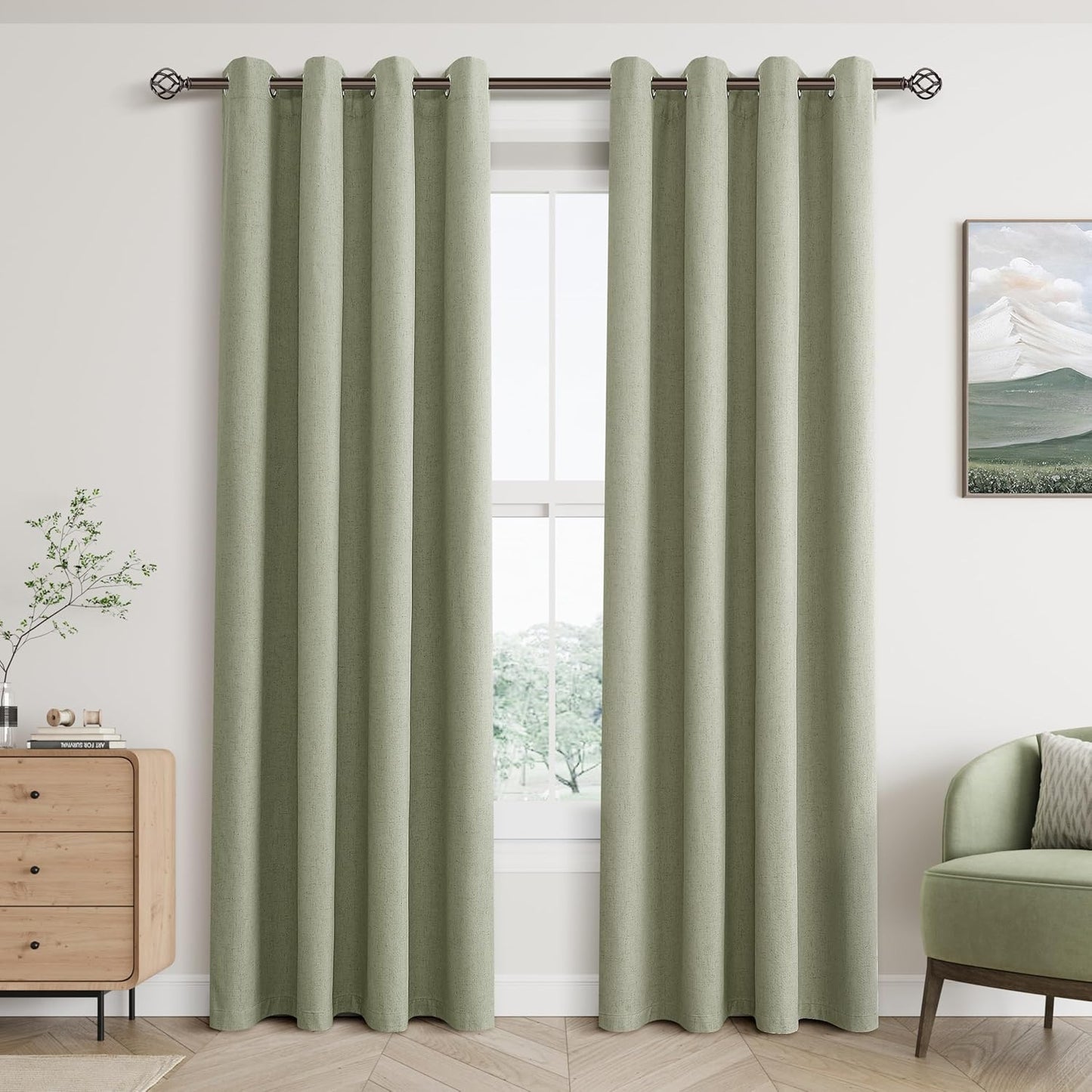 Sage Green Linen Blackout Curtains for Living Room and Bedroom