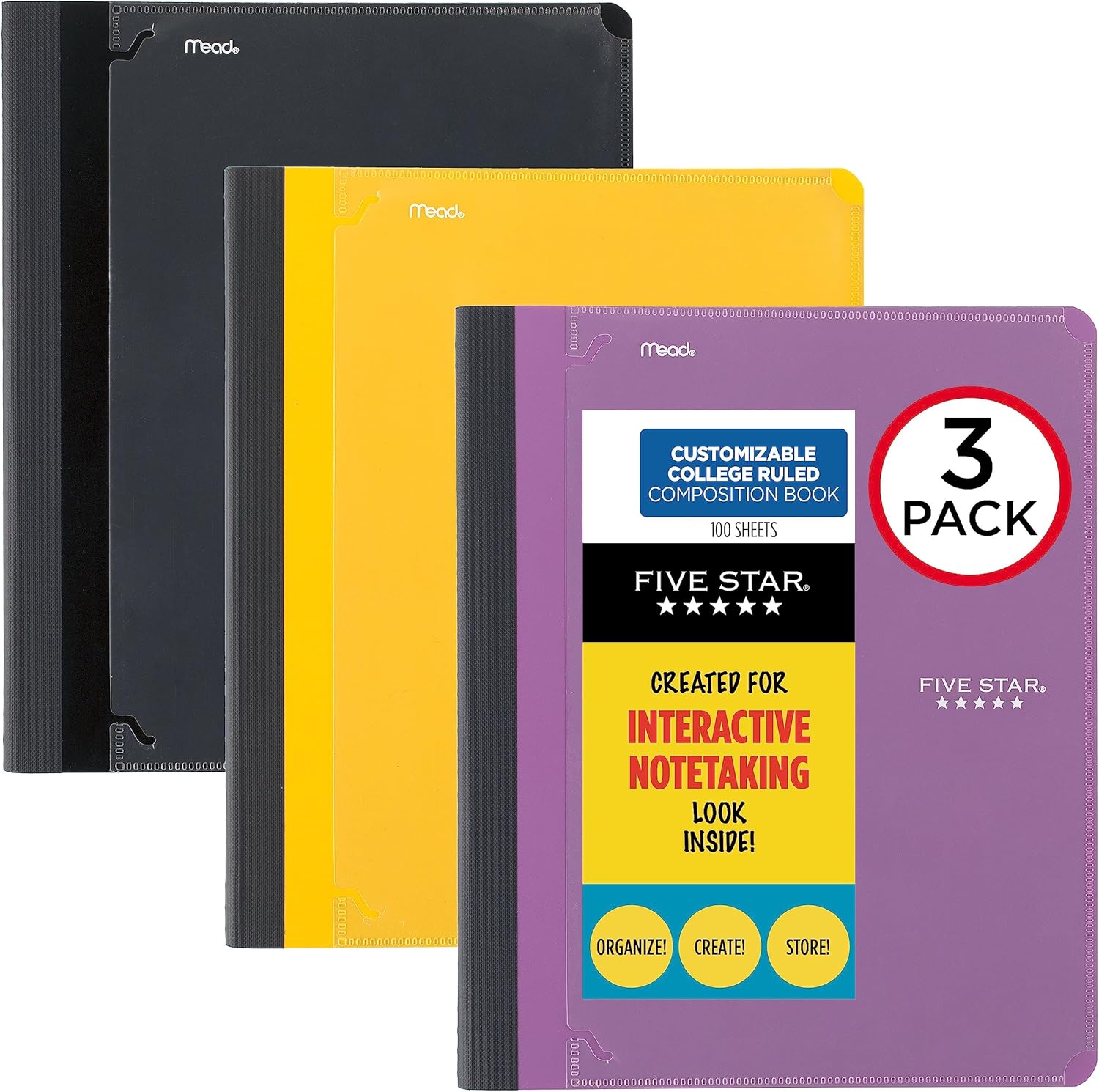 Customizable Five Star Notebooks, 3 Pack, College Ruled, 100 Sheets