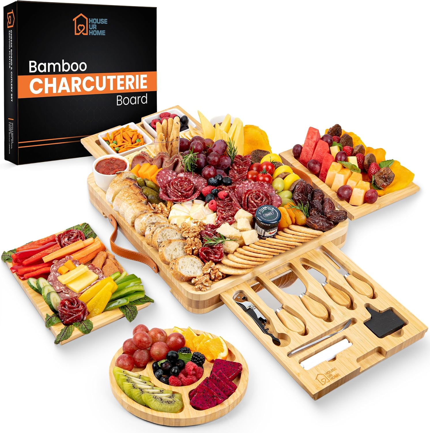 Large Bamboo Charcuterie Board Gift Set with Hidden Drawers