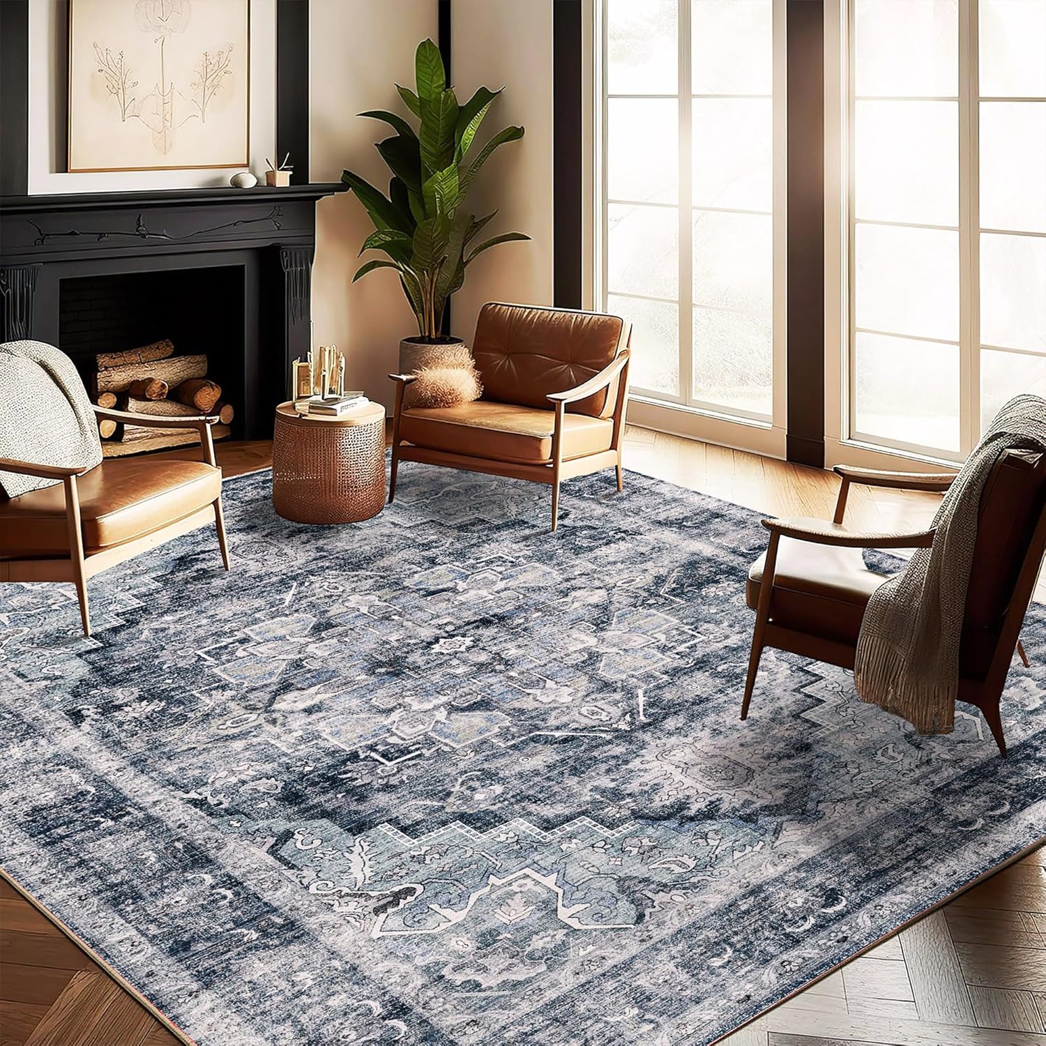 Washable Area Rug 8ftx10ft Dark Blue Retro Boho Design for Home
