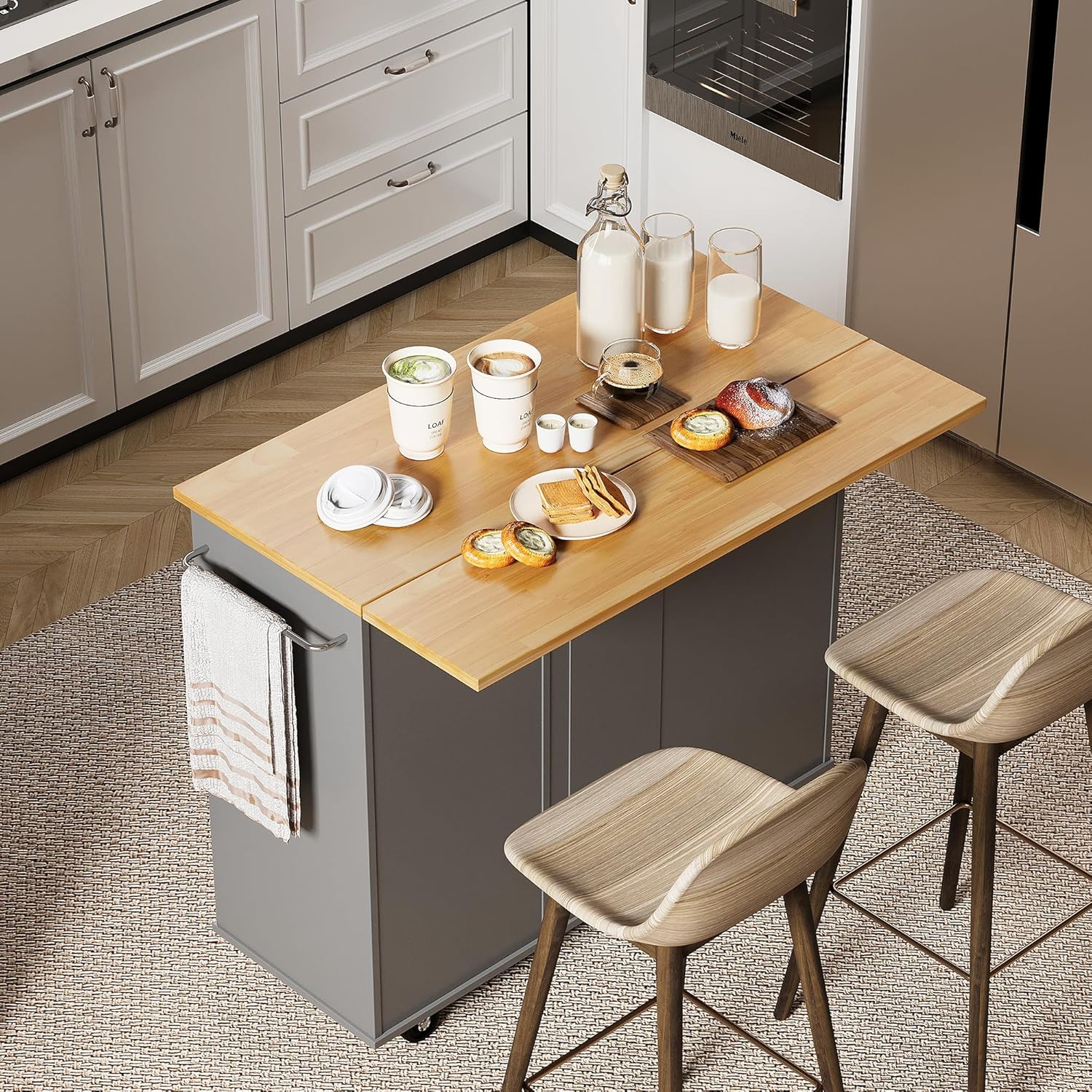 Shintenchi Rolling Kitchen Island Cart with Drop Leaf Design