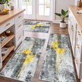 100% Non Slip Kitchen Rugs Set of 3 - Abstract Gold Grey Runner