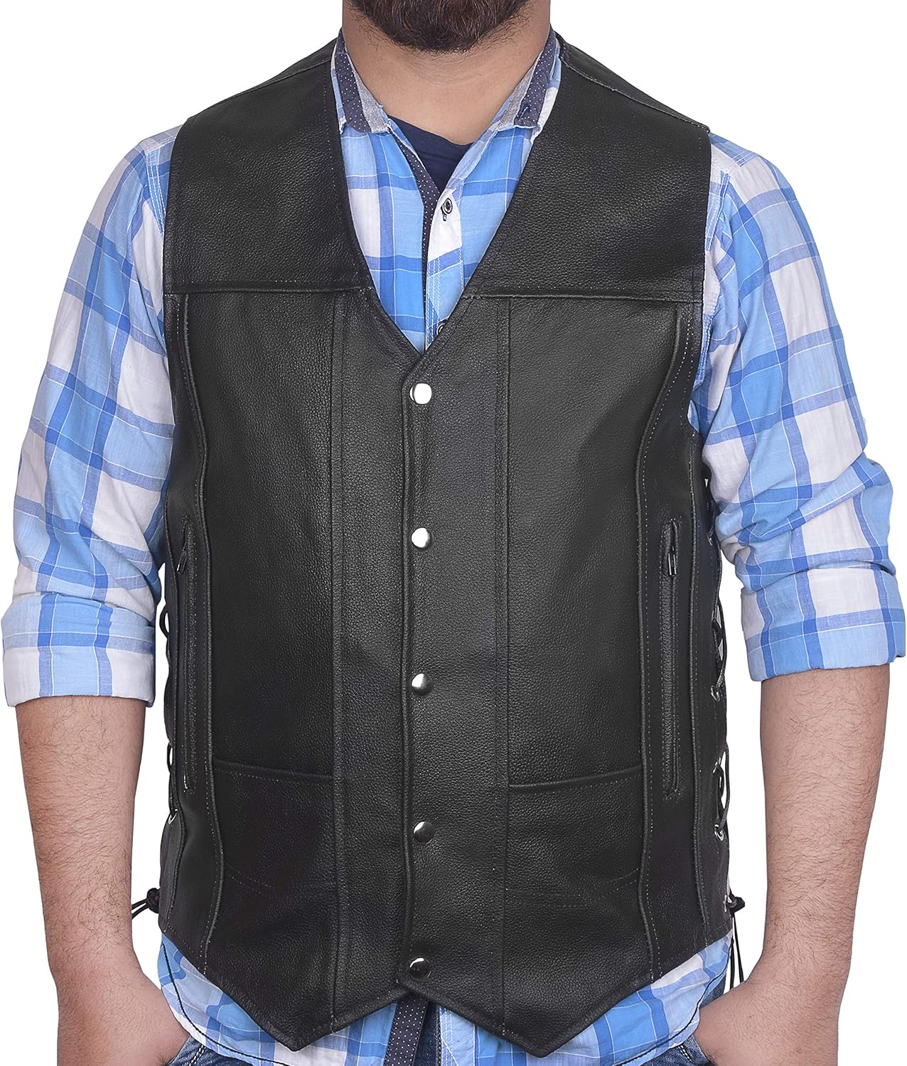 DEFY Genuine Leather Motorcycle Vest with 10 Pockets for Bikers