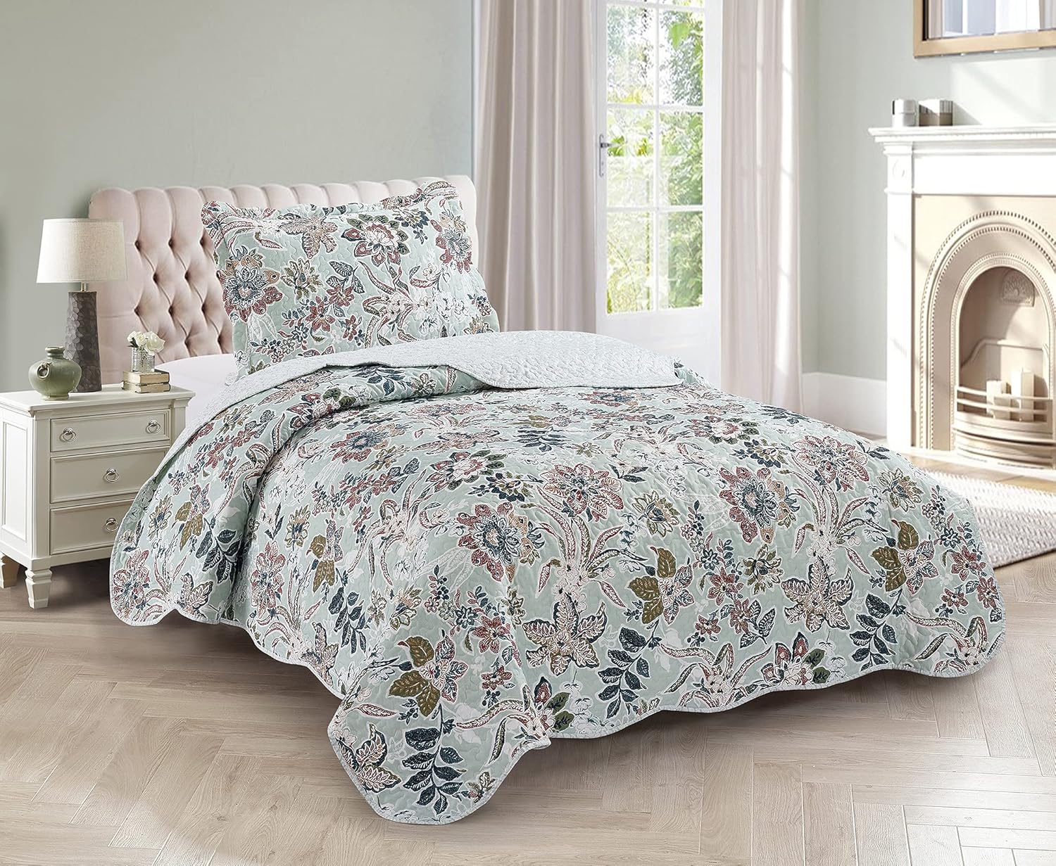 Brilliant Sunshine Green Vintage Flowers Twin Quilt Set Review