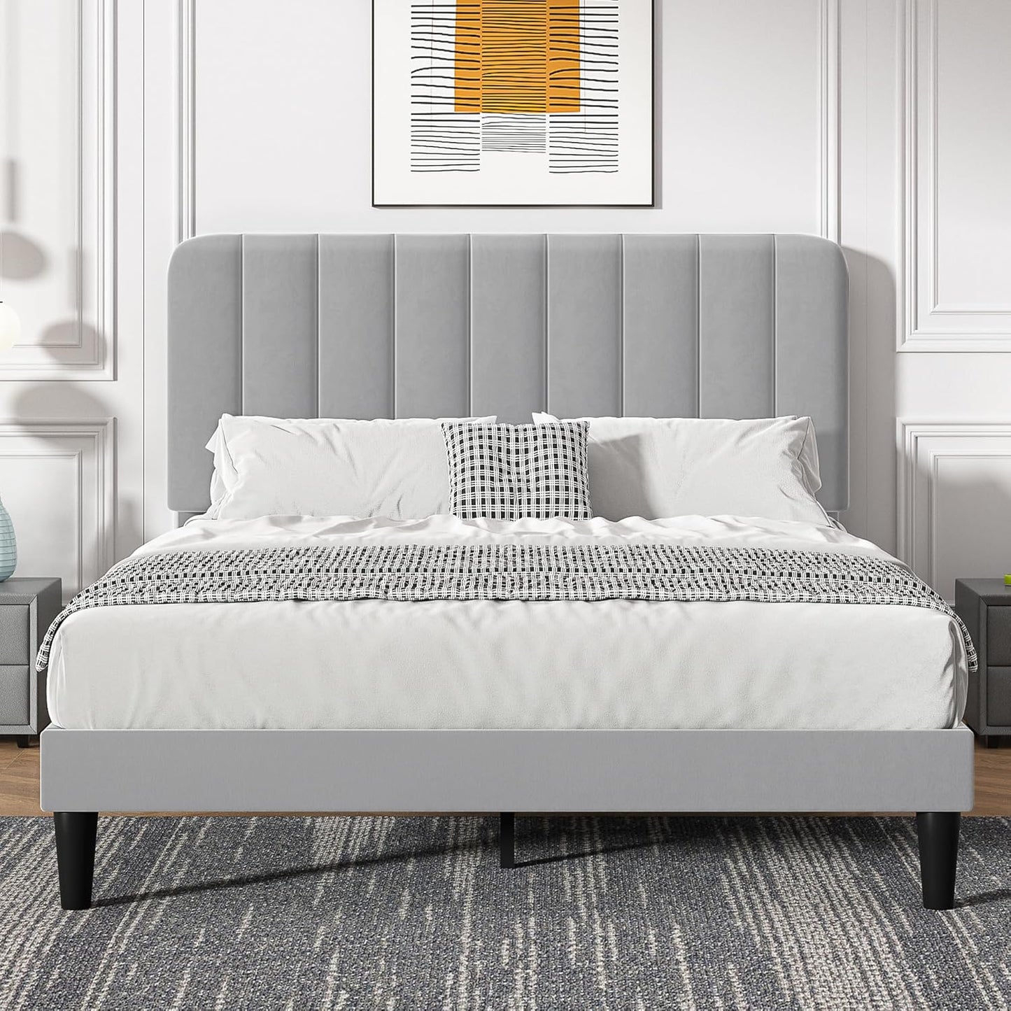 VECELO Full Size Bed Frame with Upholstered Headboard in Grey