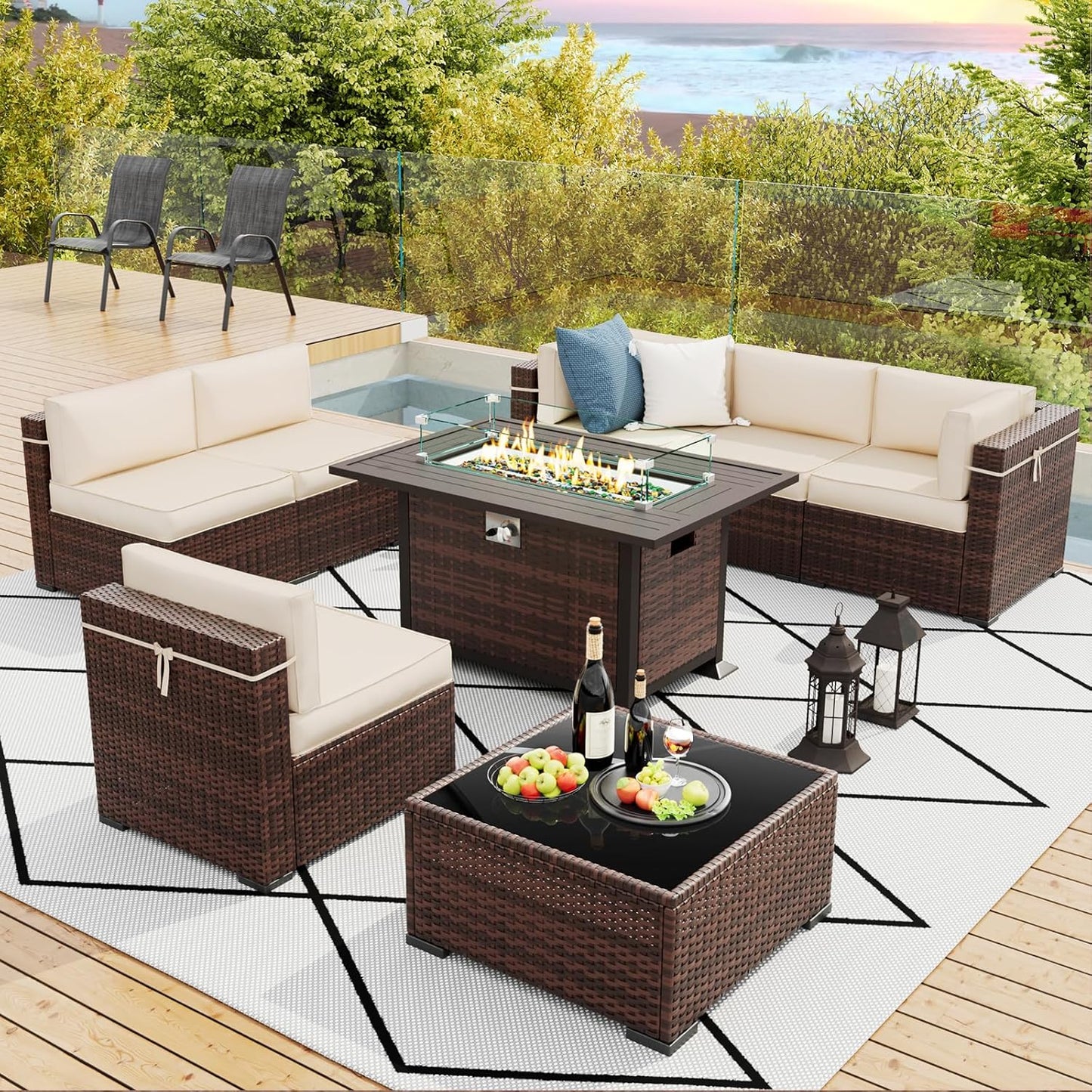 Amopatio 8 Pieces Patio Furniture Set with Fire Pit Table
