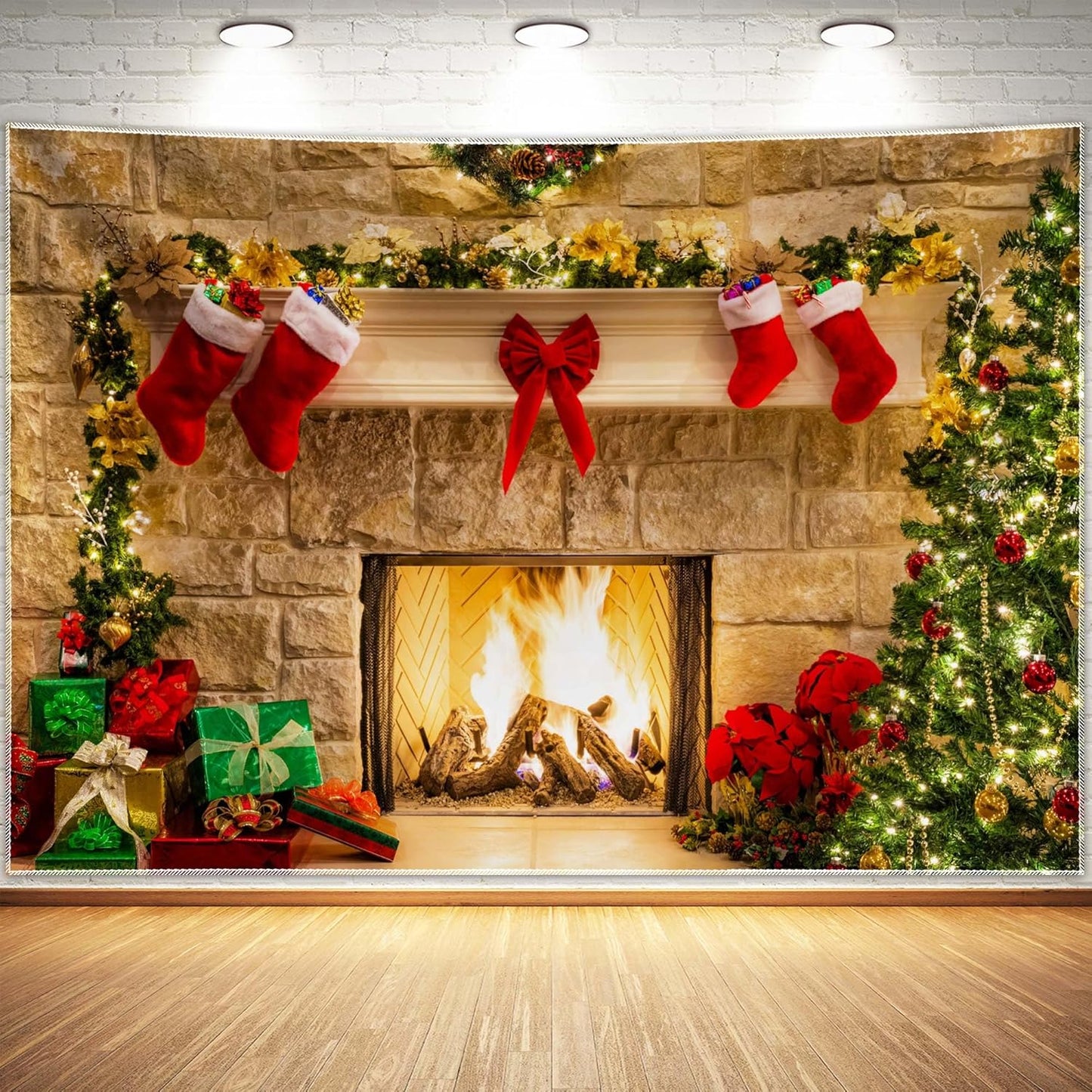 12x8ft Christmas Fireplace Theme Backdrop for Festive Photos