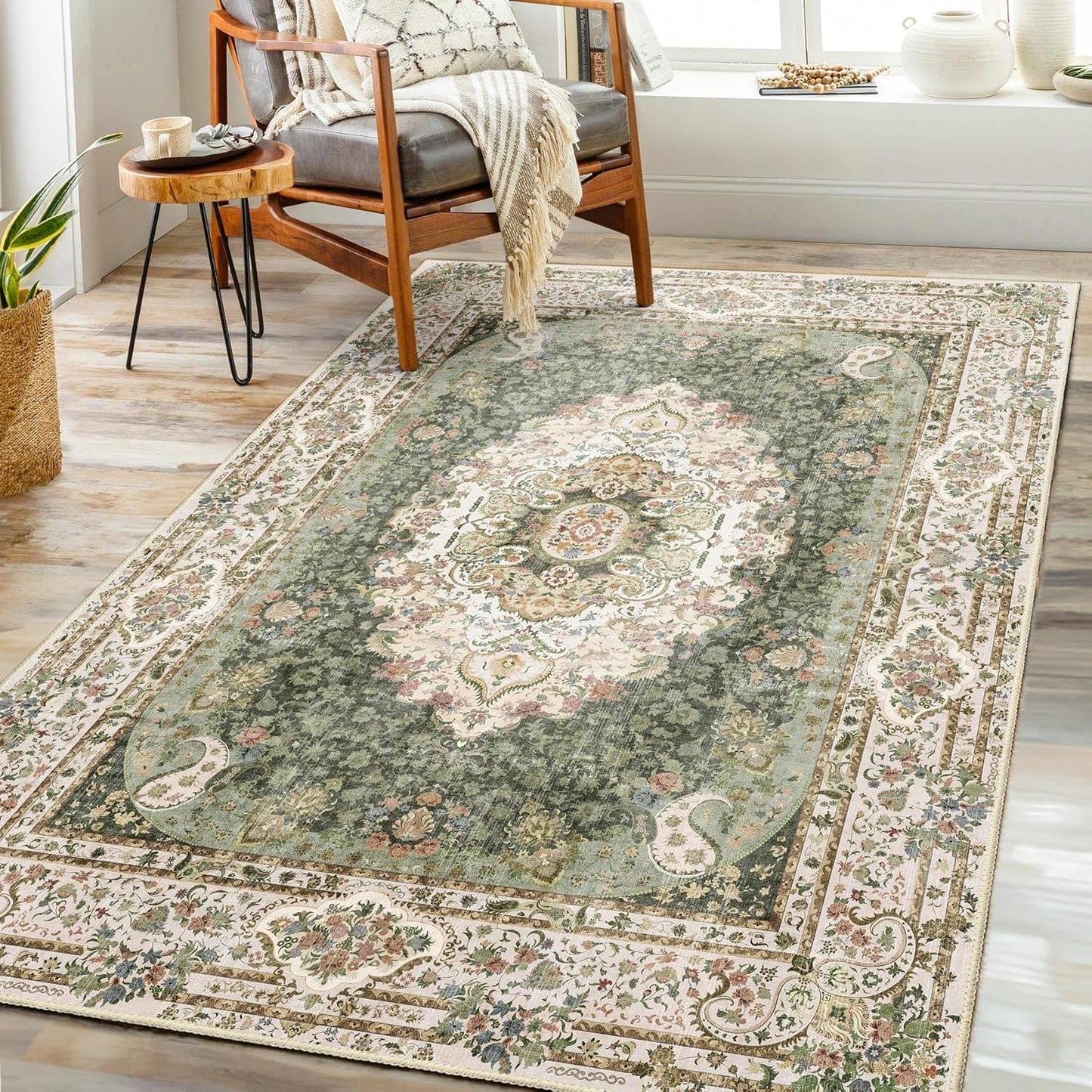 Green Rug 3x5 Washable Area Rug for Bedroom and Living Room
