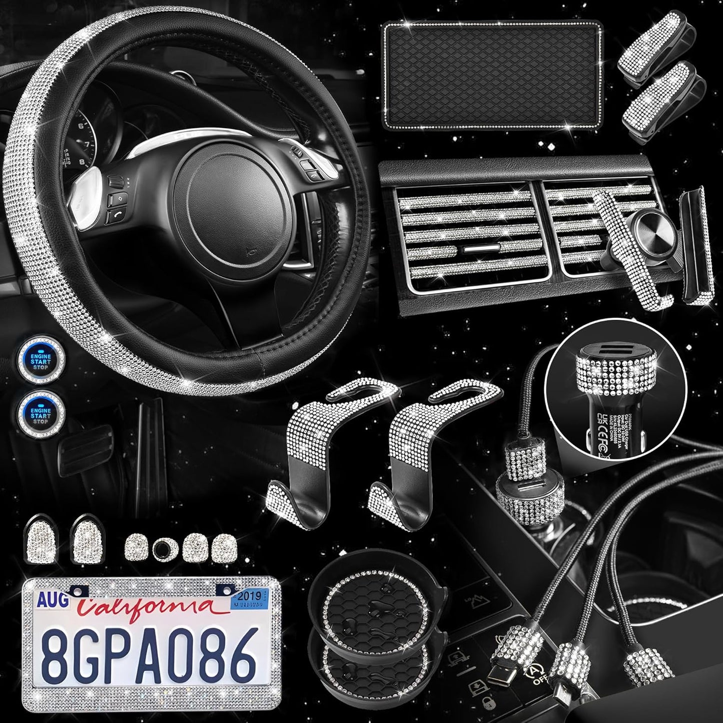 Bling Diamond Car Accessories Set for Women - 30 PCS Package