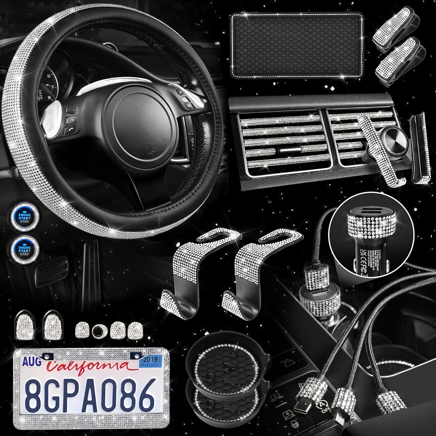 Bling Diamond Car Accessories Set for Women - 30 PCS Package