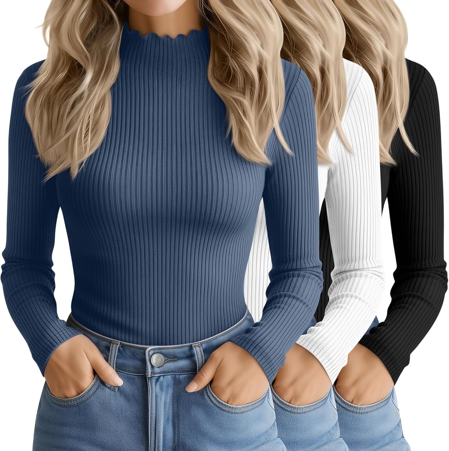 3 Pack Women's Cotton Long Sleeve Mock Turtleneck Tops