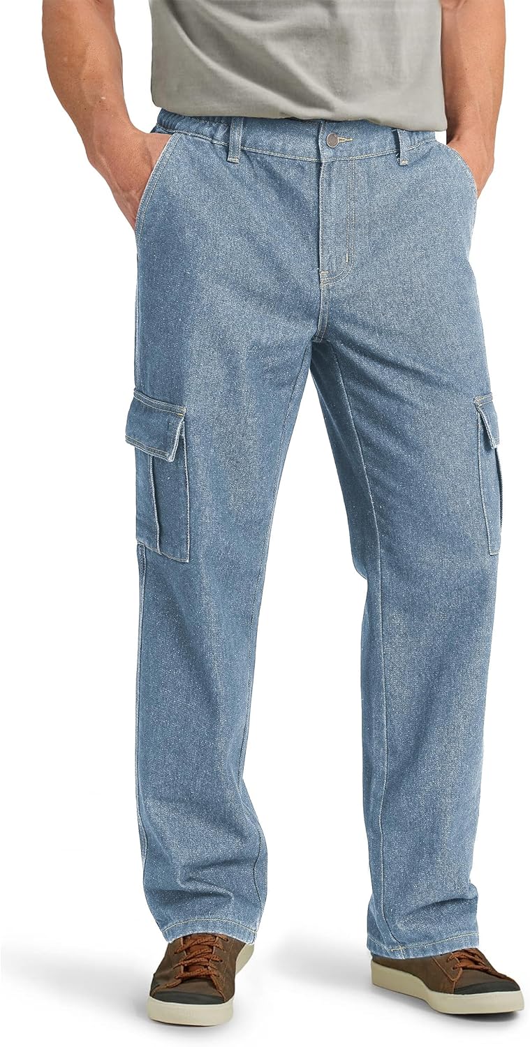 Men's Relaxed Fit Cargo Jeans with Elastic Waist and Pockets