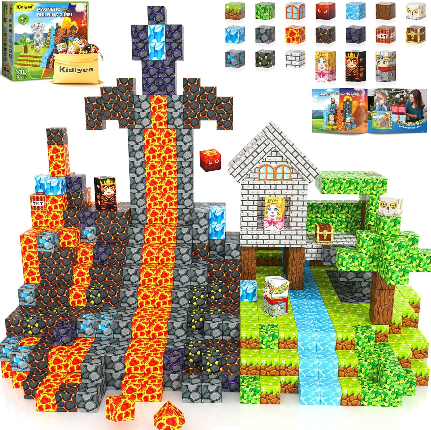 100PCS Magnetic Blocks for Kids - Build a Lava Forest World
