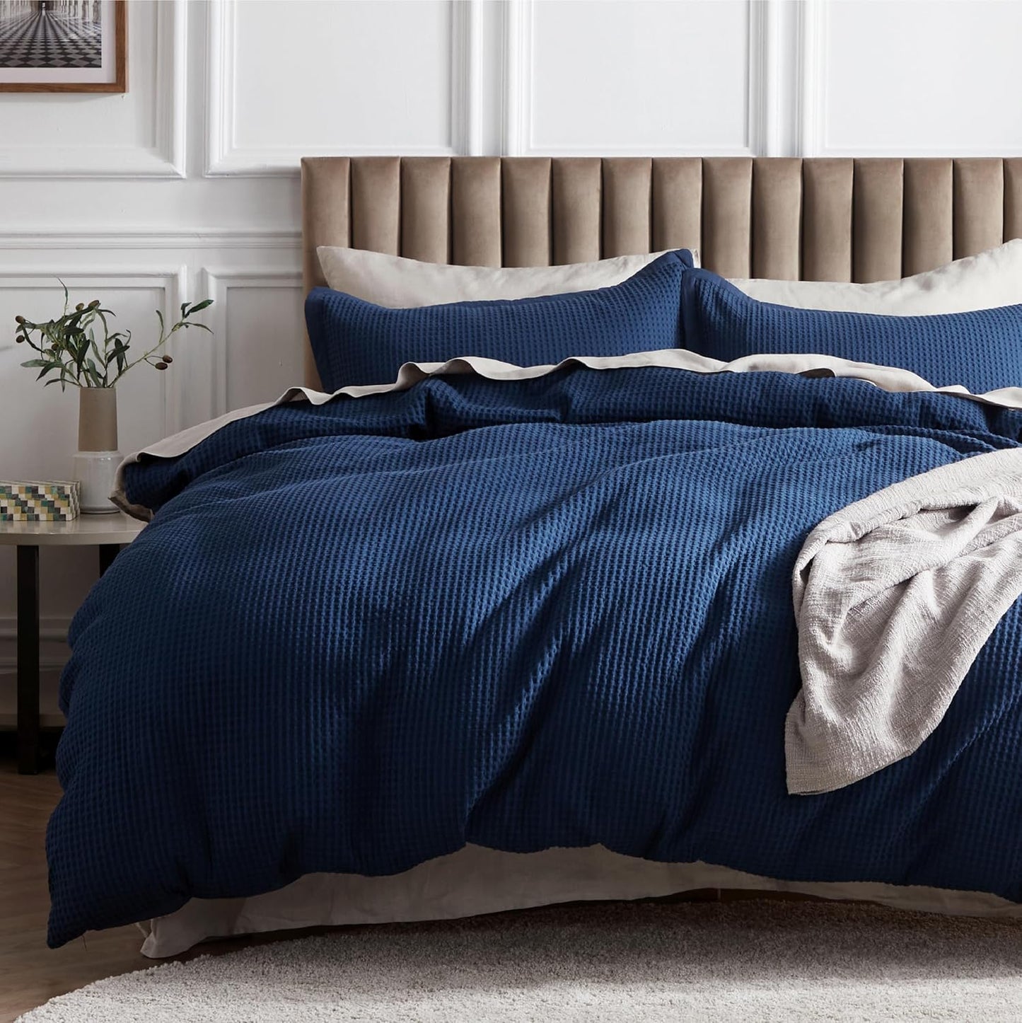 Bedsure Cotton Duvet Cover Set - Soft Waffle Weave Navy Bedding