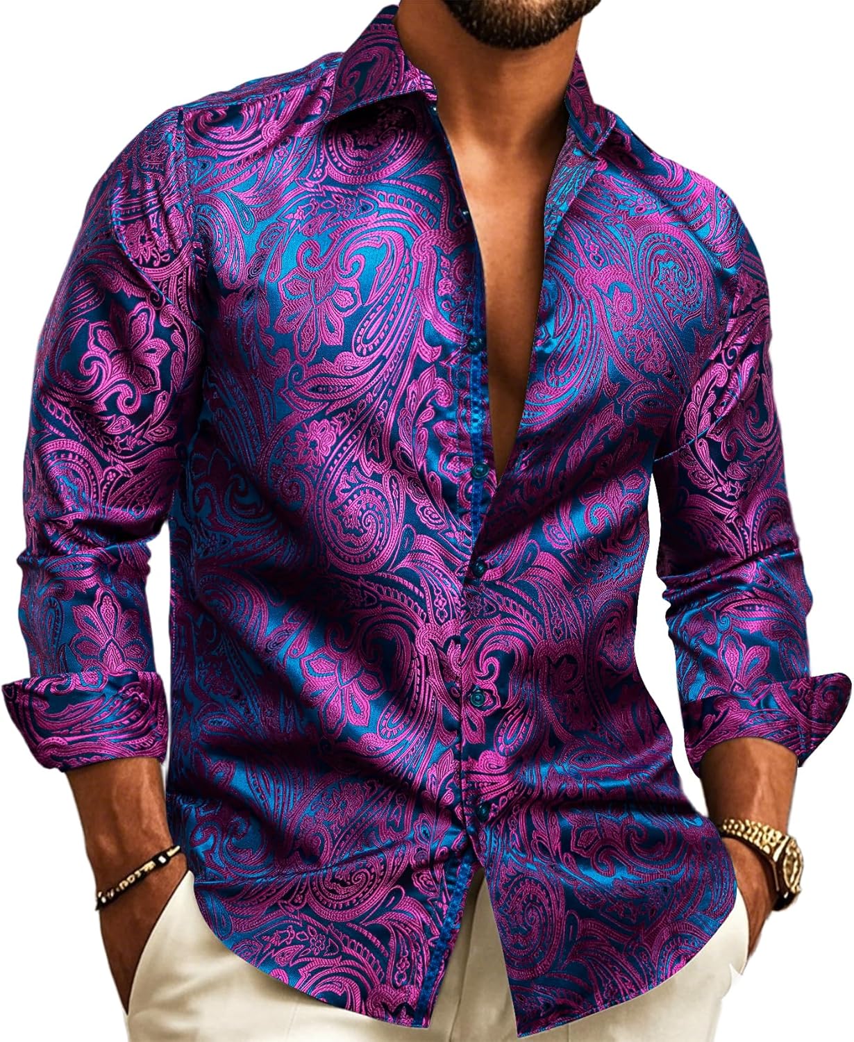 Barry.Wang Mens Western Shirts Silk Paisley Long Sleeve Button Down