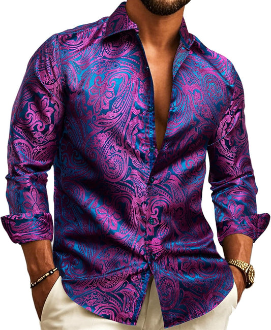 Barry.Wang Mens Western Shirts Silk Paisley Long Sleeve Dress Shirt