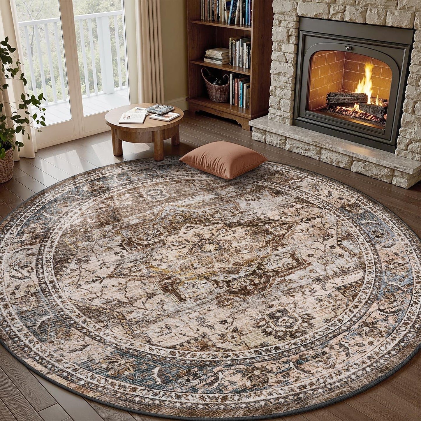 6 ft Round Rugs for Living Room and Bedroom Soft Vintage Style