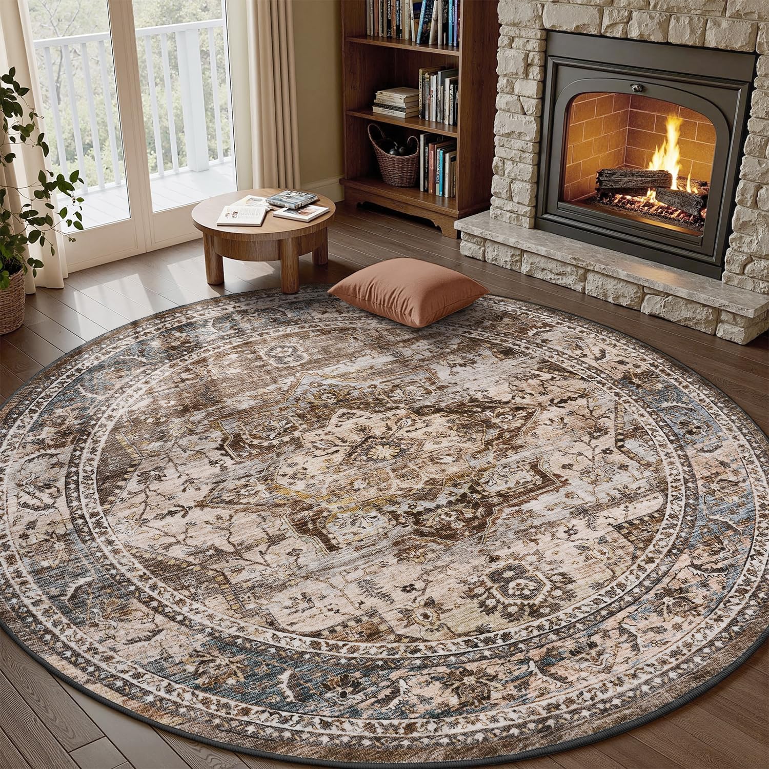 6 ft Round Rugs for Living Room and Bedroom Soft Vintage Style