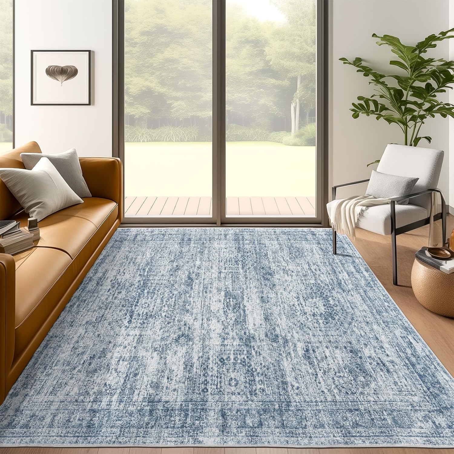 5x7 Area Rugs Blue Low Pile Indoor Washable Trendy Design