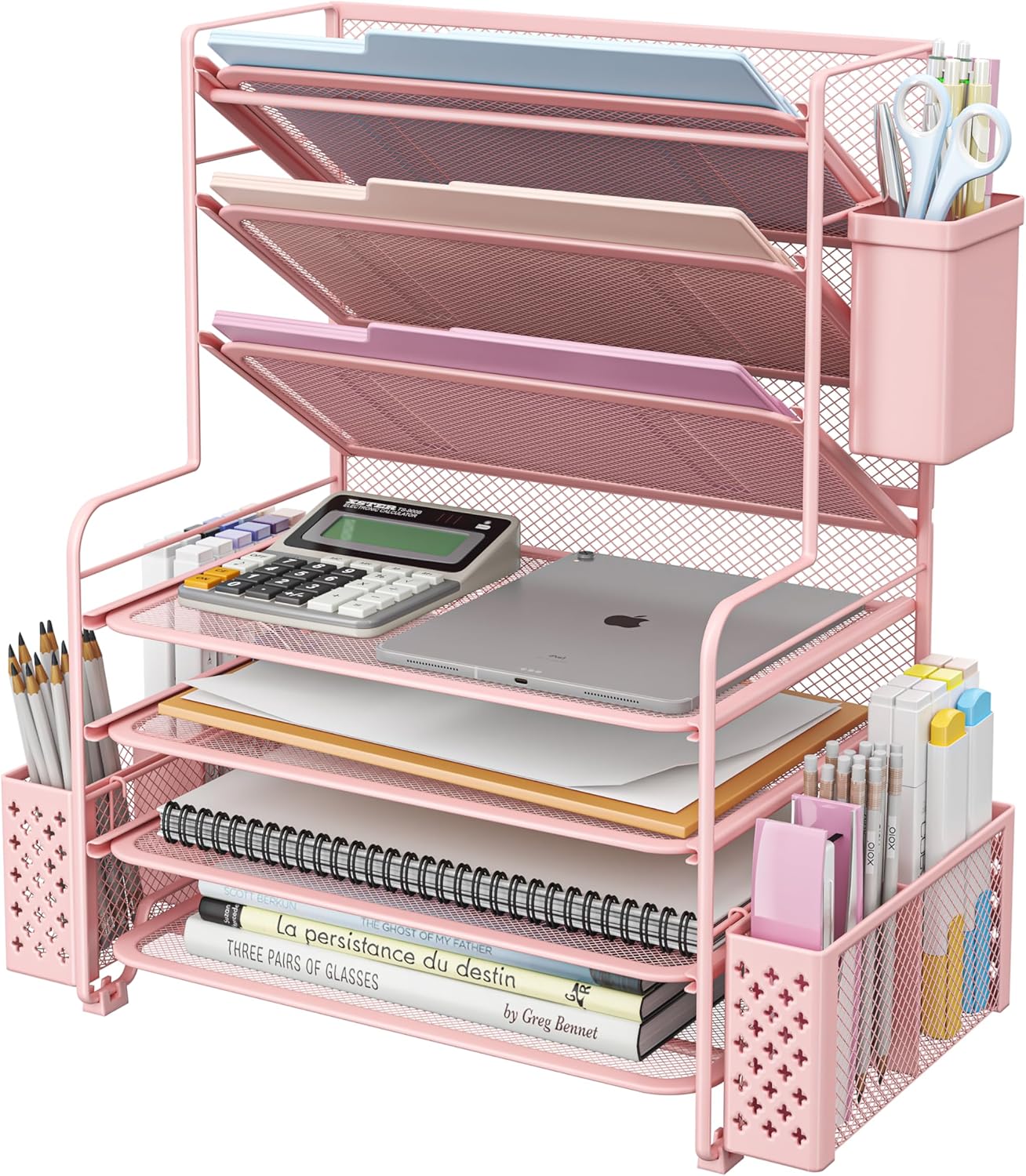 7 Tier Desk File Organizer with Pen Holder and Metal Basket