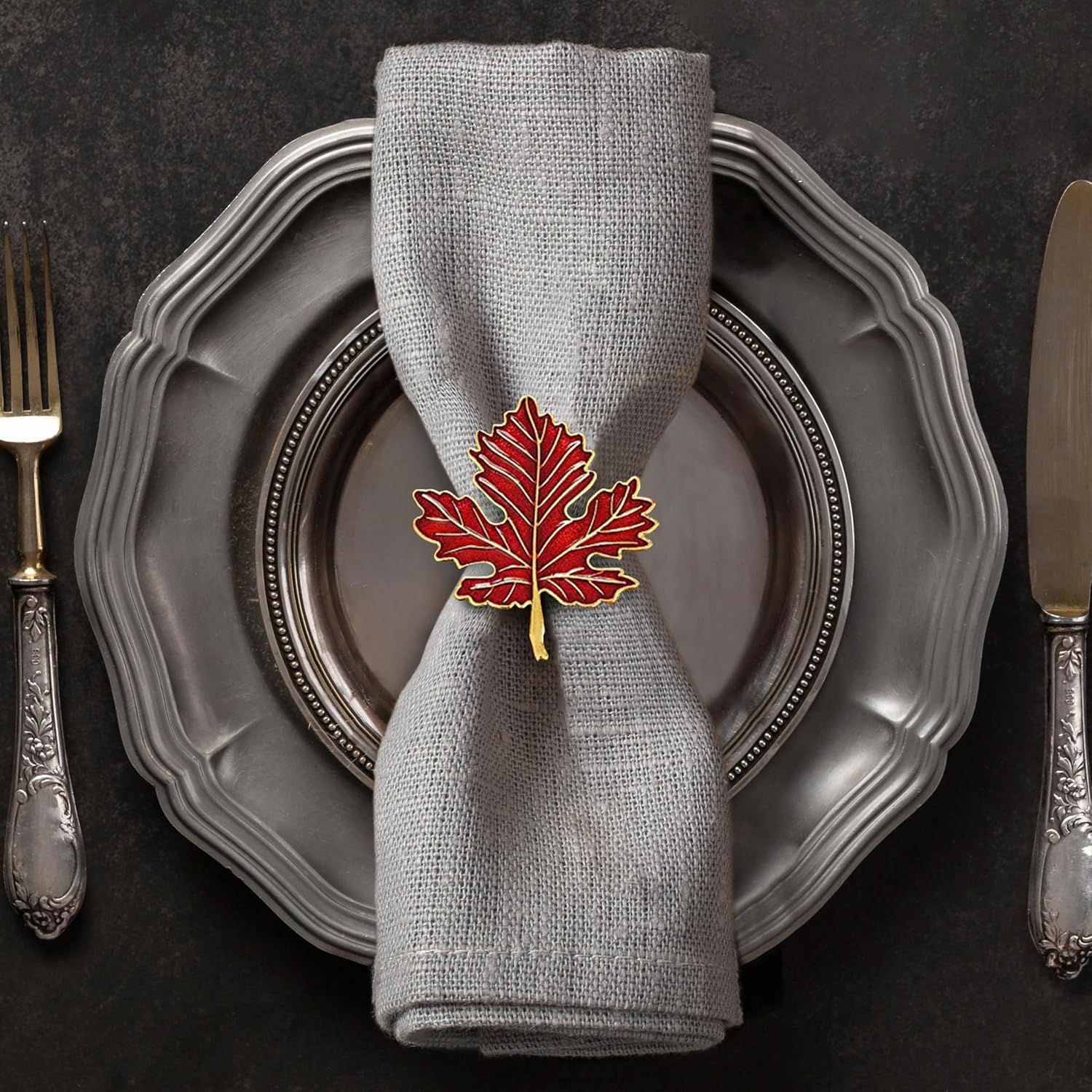 Elegant Leaf Design Red Gold Napkin Rings for Holiday Decor
