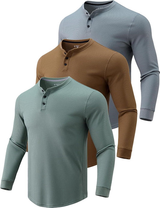 Mens Waffle Henley Thermal Long Sleeve Shirts for Fall Style