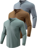 3 Pack Mens Waffle Henley Thermal Long Sleeve Shirts - Lightweight our