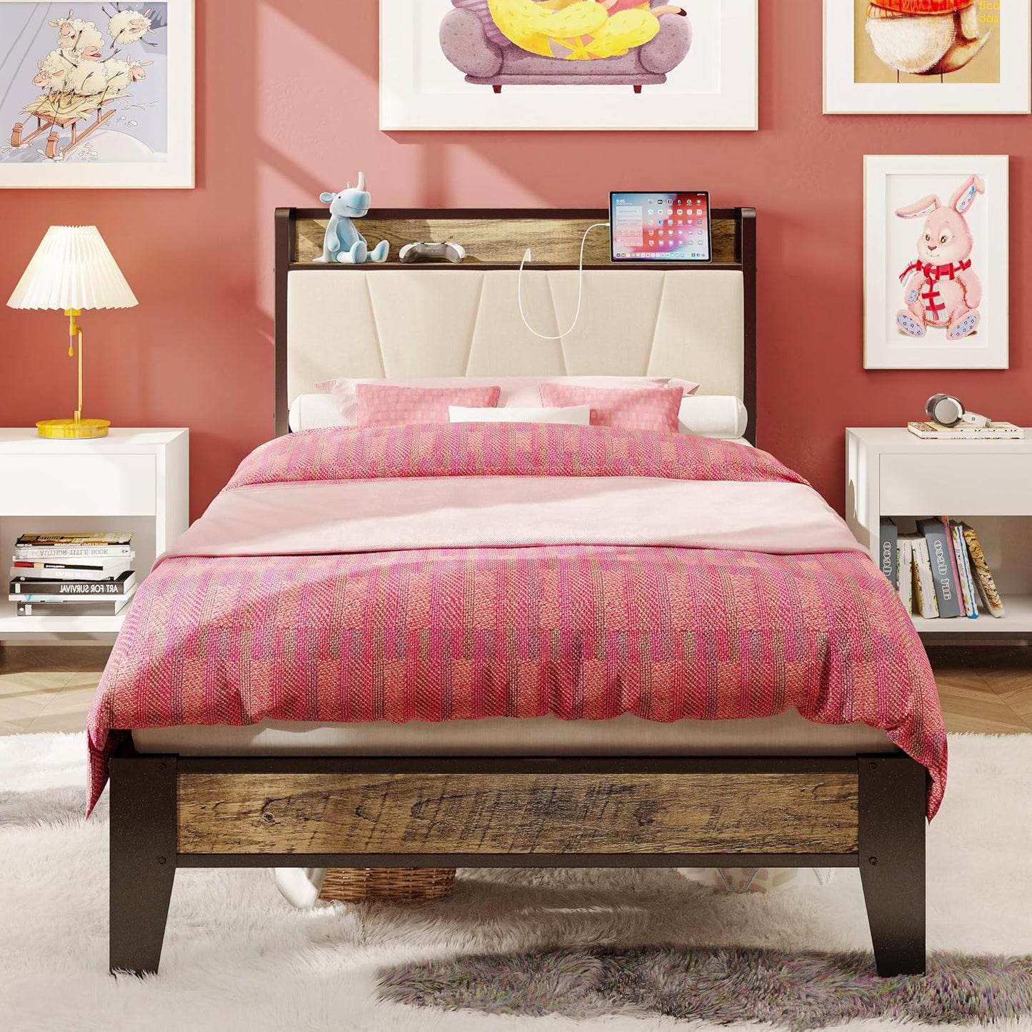 LIKIMIO Twin XL Bed Frame with Storage Headboard and Charging Station