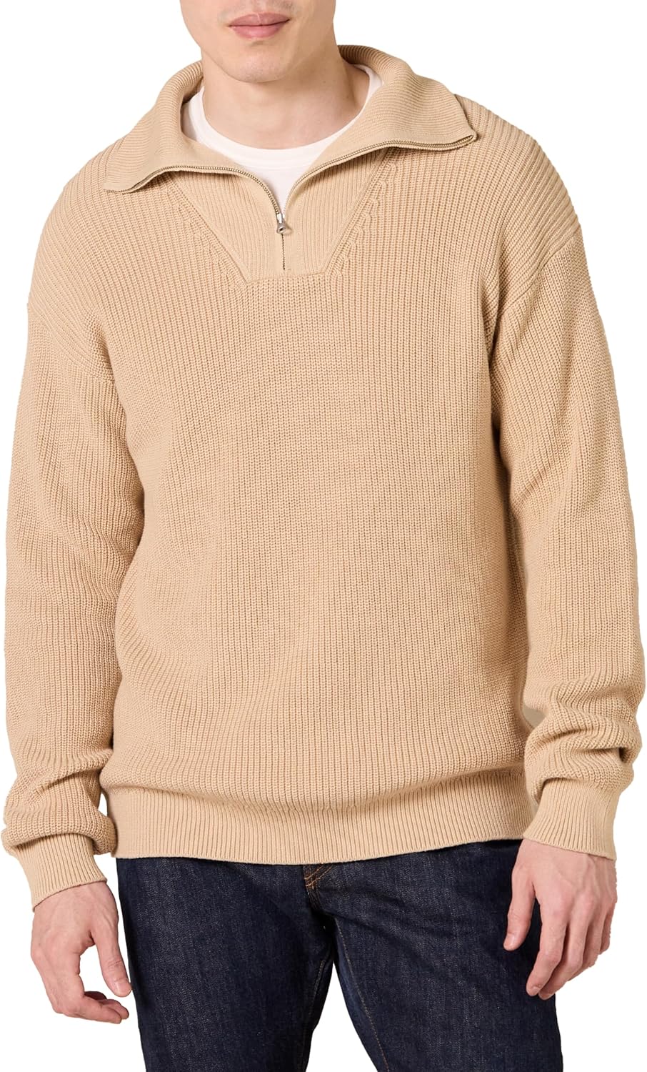 Mens Quarter-Zip Rib-Knit Relaxed-Fit Sweater for Comfort