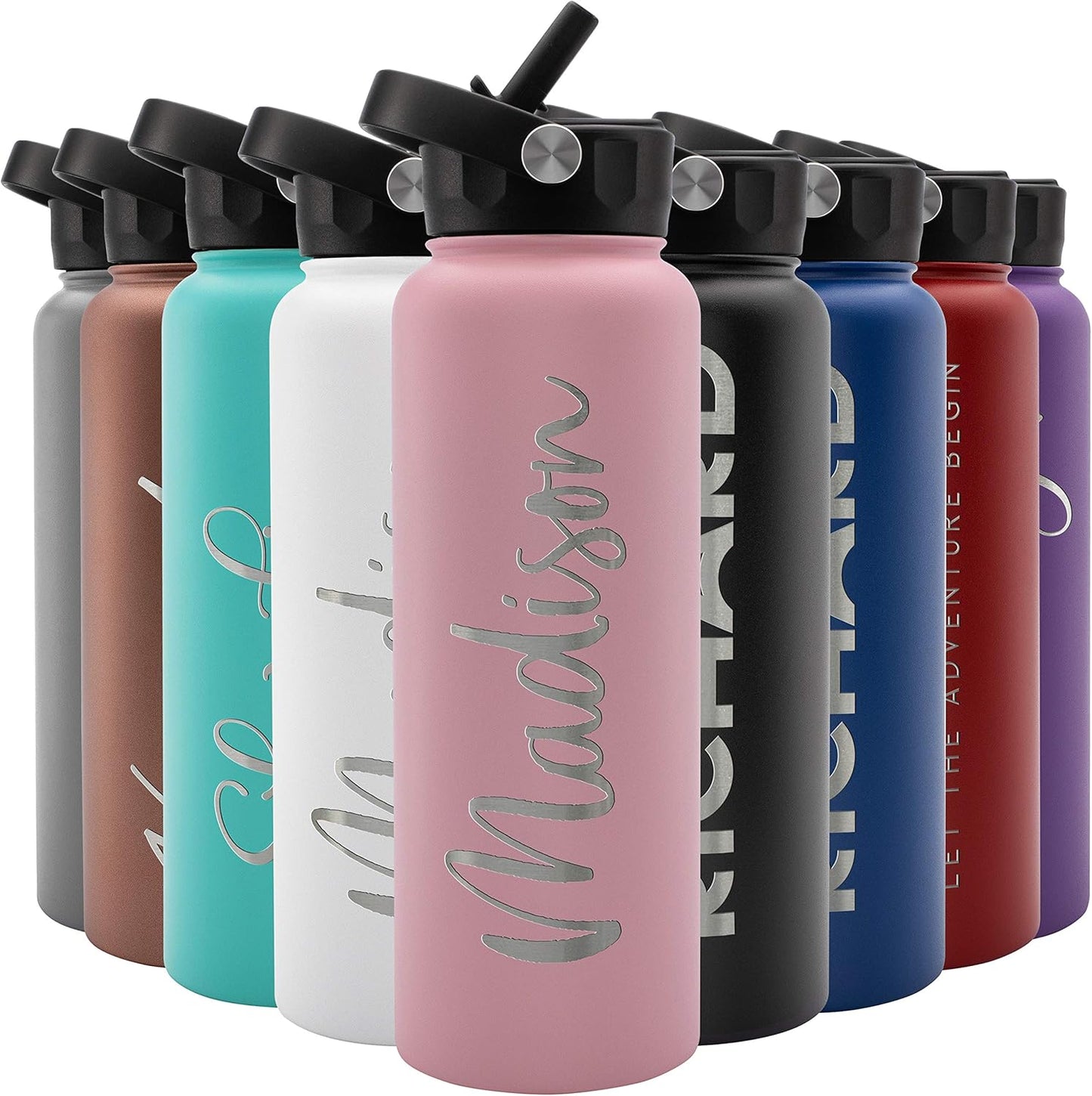 Personalized Water Bottle with Straw & Lid - 40 oz Pink
