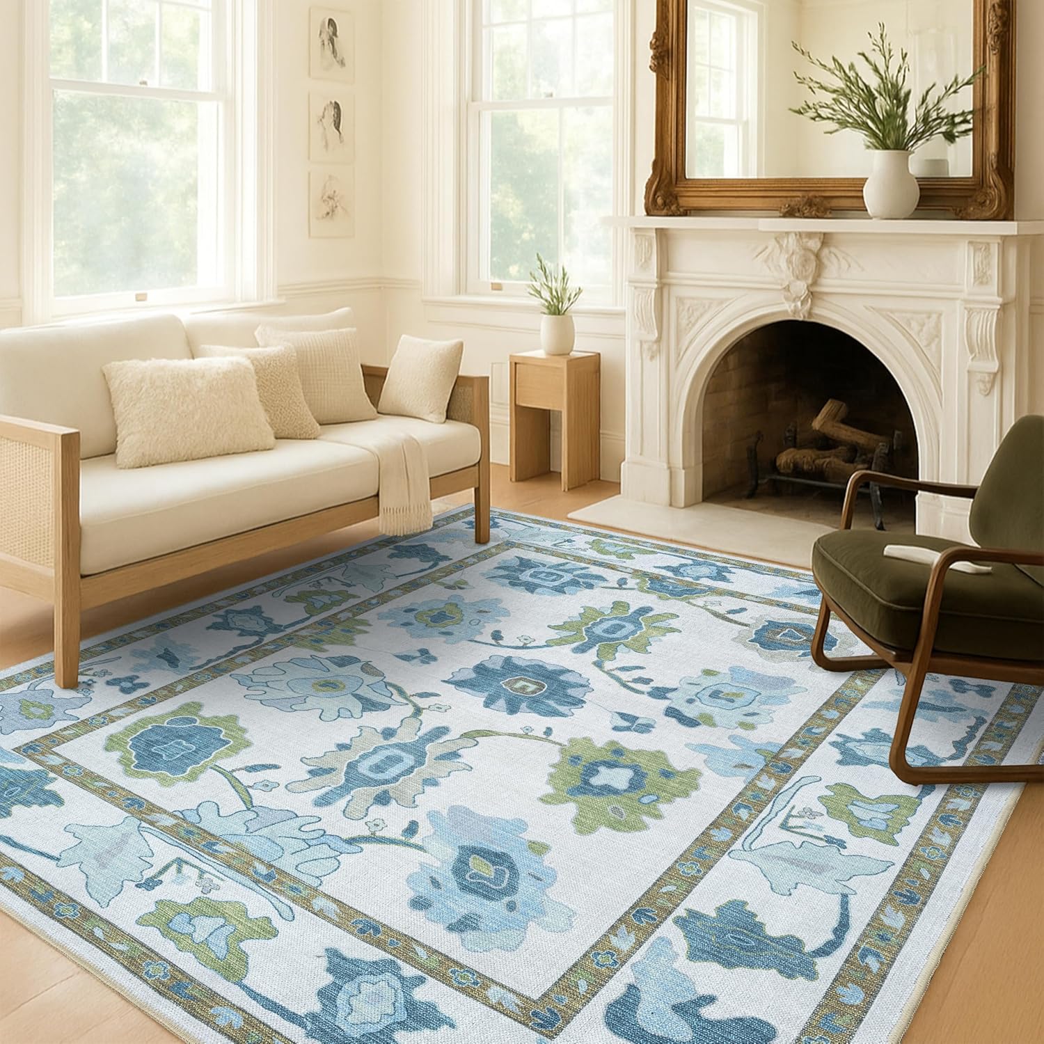 Green Oushak Rug - Modern Vintage Floral Area Rug for Home