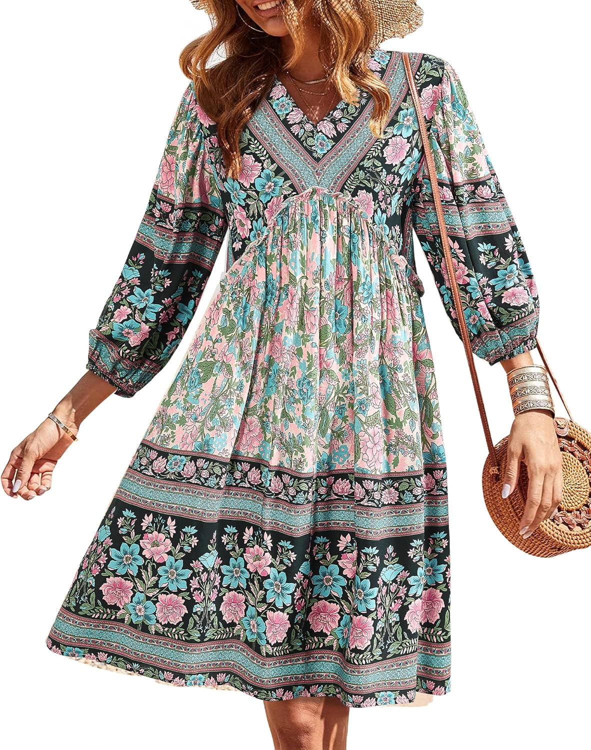 BTFBM Women Casual Spring Summer Dresses V Neck Ruffle Floral