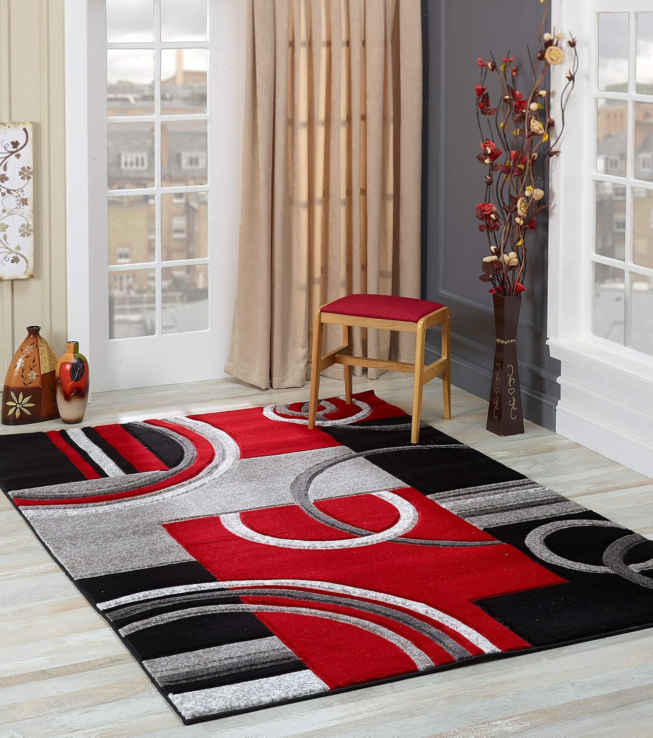 Modern 5x7 Red Area Rug with Premium Fluffy Texture for Home