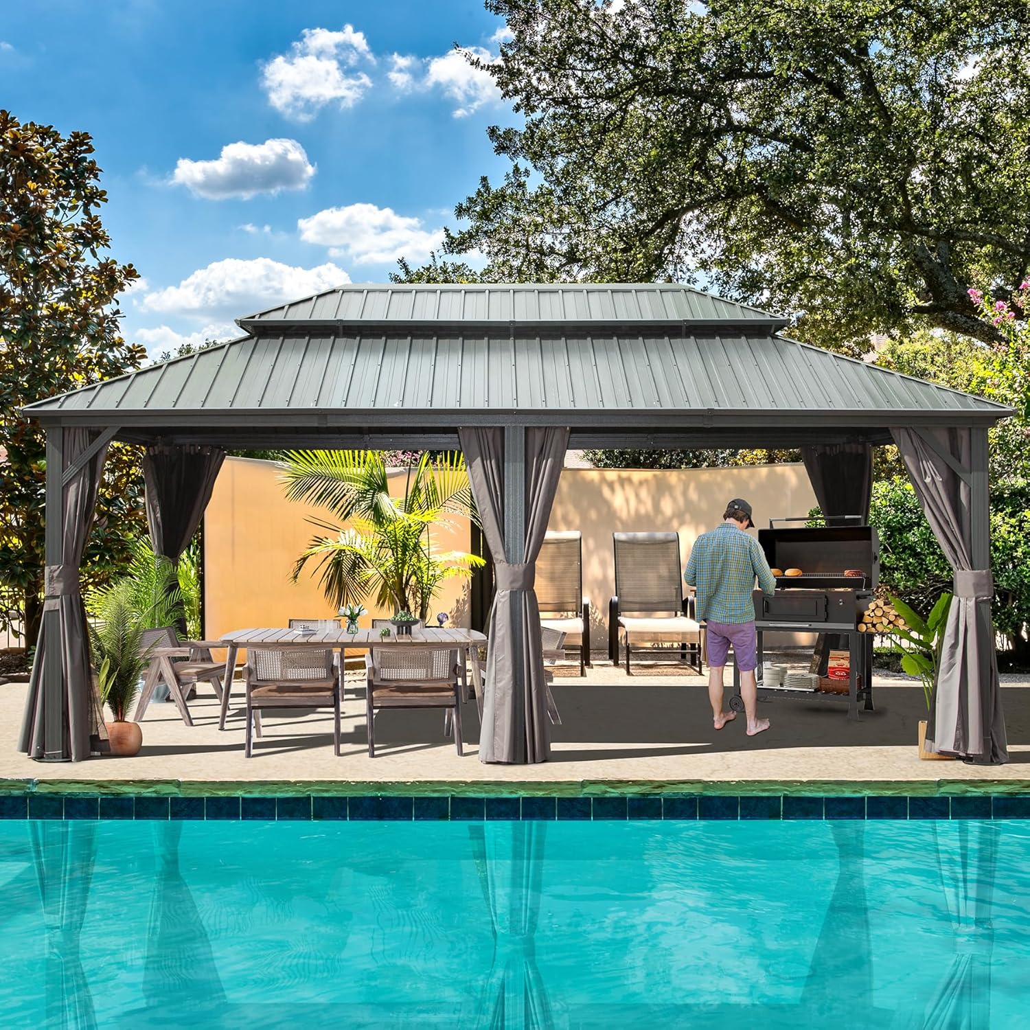 Domi 12 x 18 Hardtop Gazebo with Netting & Curtains for Outdoors