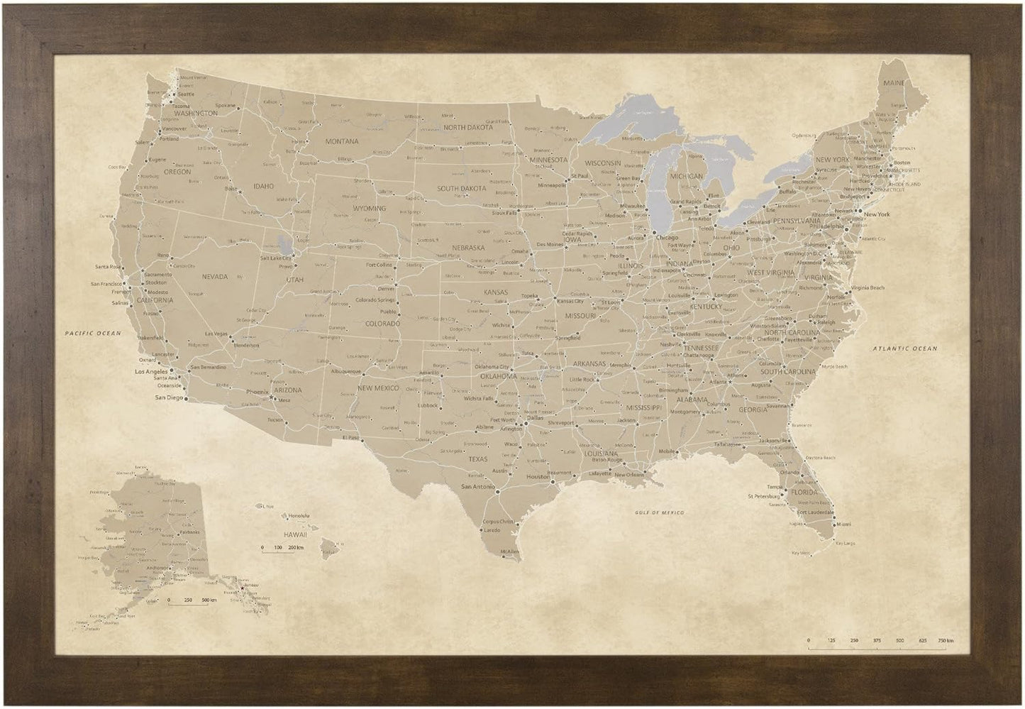 Push Pin Travel Maps Vintage USA Rustic Brown Framed Map