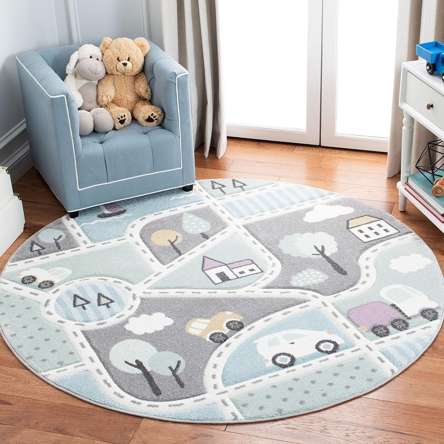 SAFAVIEH Carousel Kids Collection 4ft Round Grey/Light Blue Rug