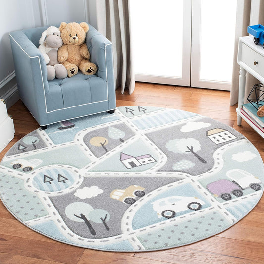 SAFAVIEH Carousel Kids Collection 4ft Round Grey/Light Blue Rug