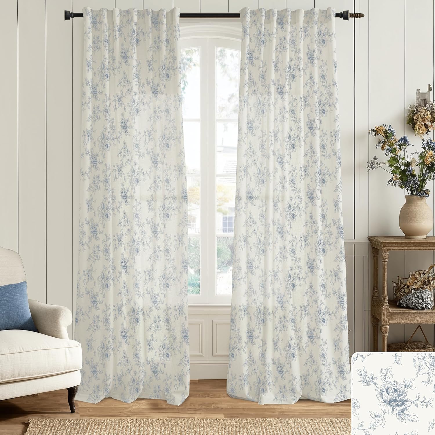 Dusty Blue and Cream Curtains 96 Inches Long for Living Room