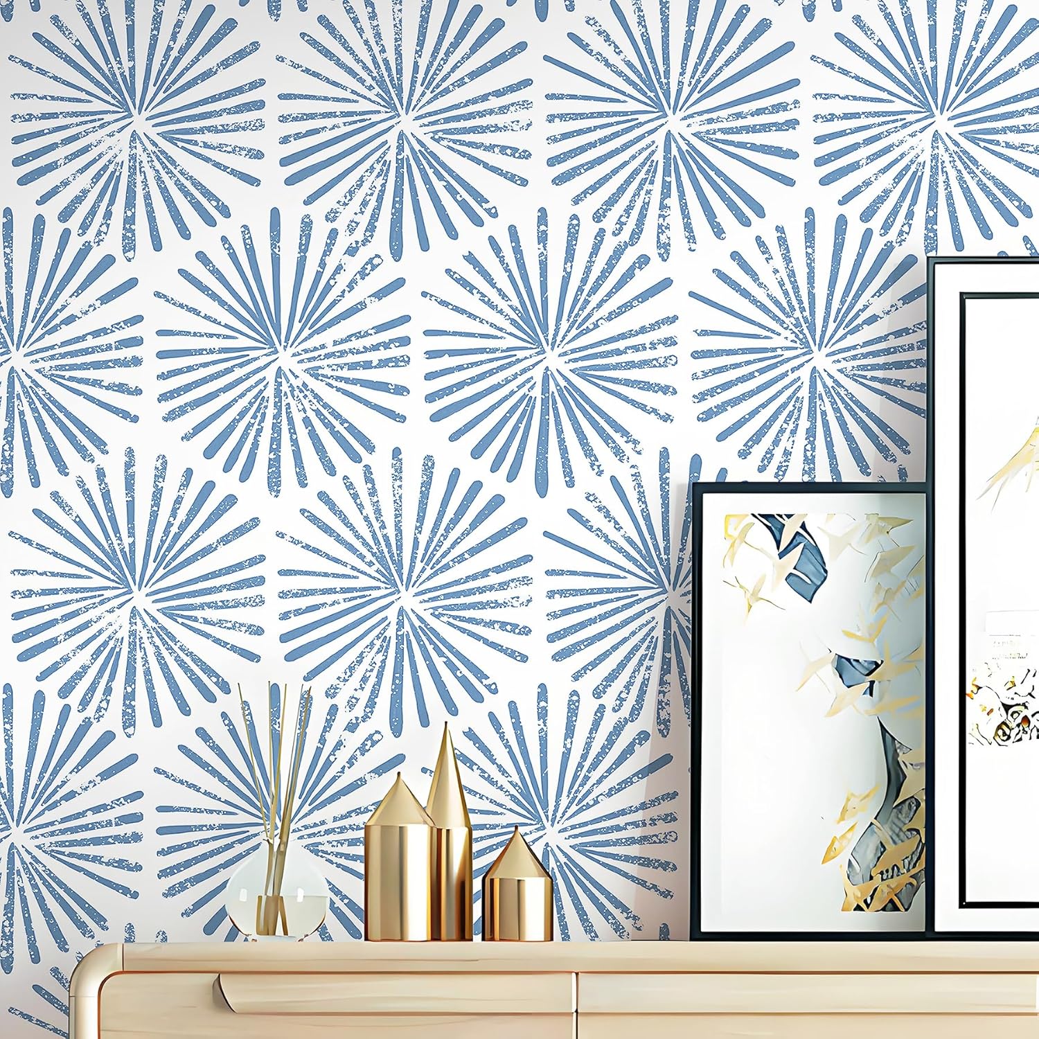 Safiyya Blue and White Geometric Peel and Stick Wallpaper