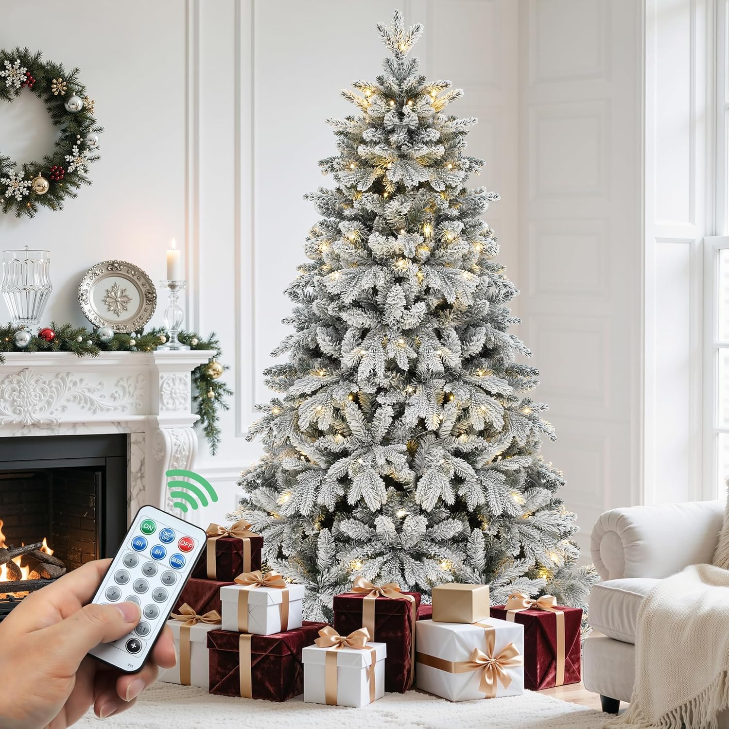 YITAHOME 6 FT Pre-Lit Flocked Christmas Tree for Holiday Decor