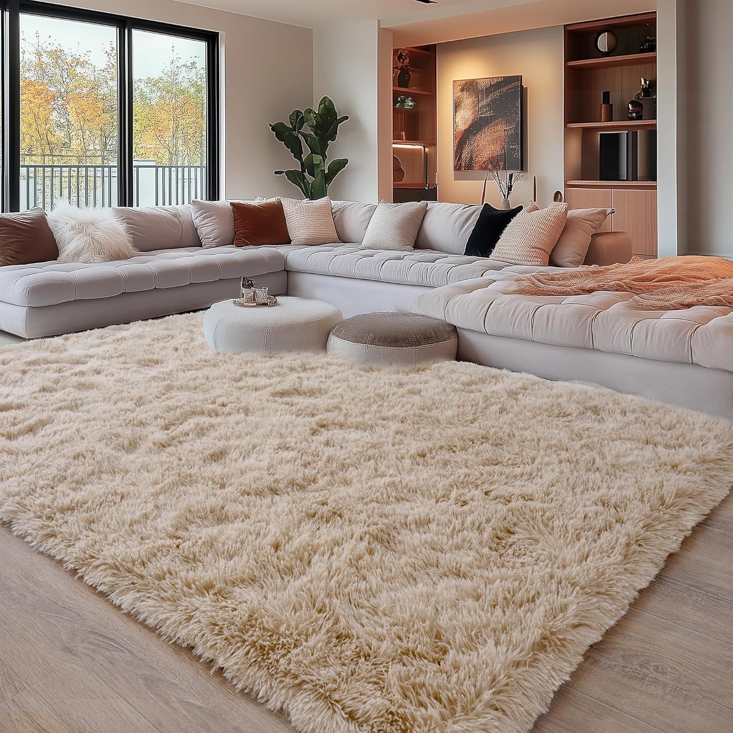 Beige Fluffy Rug for Bedroom - Ultra Soft Non Slip Shaggy Carpet